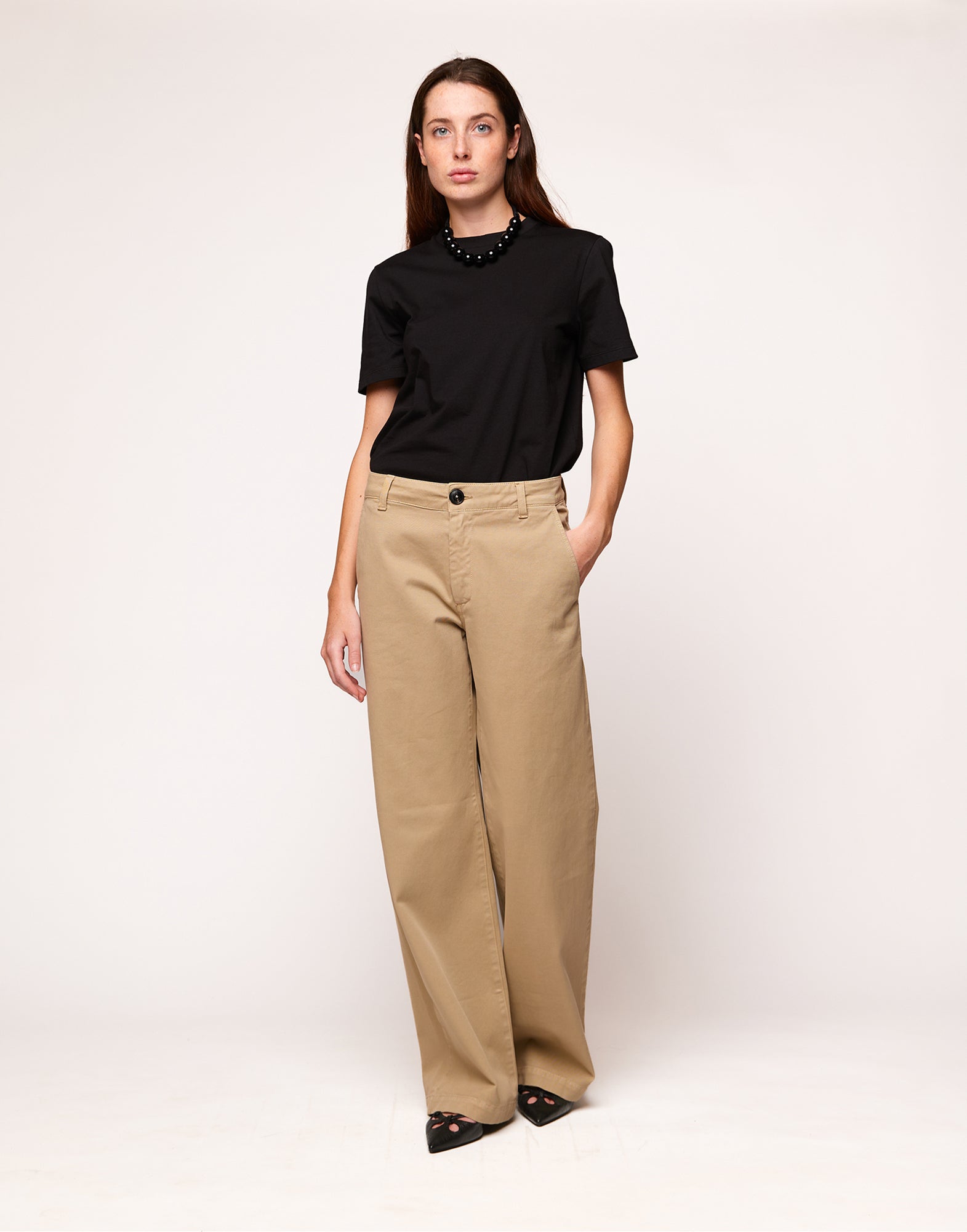 Pantaloni a Gamba Larga in Drill di Cotone Stretch Khaki