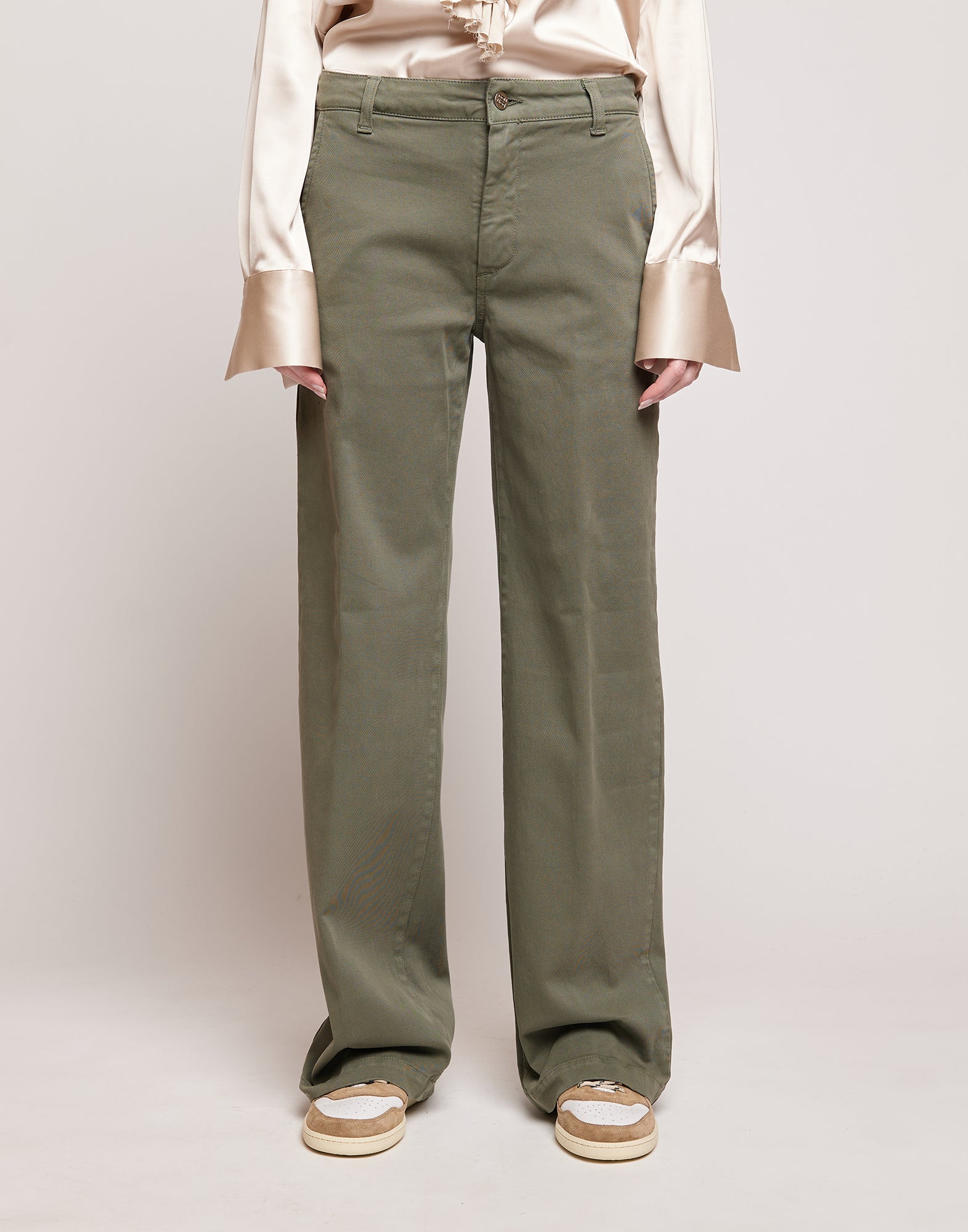 Pantaloni a Palazzo in Drill di Cotone Stretch Militare