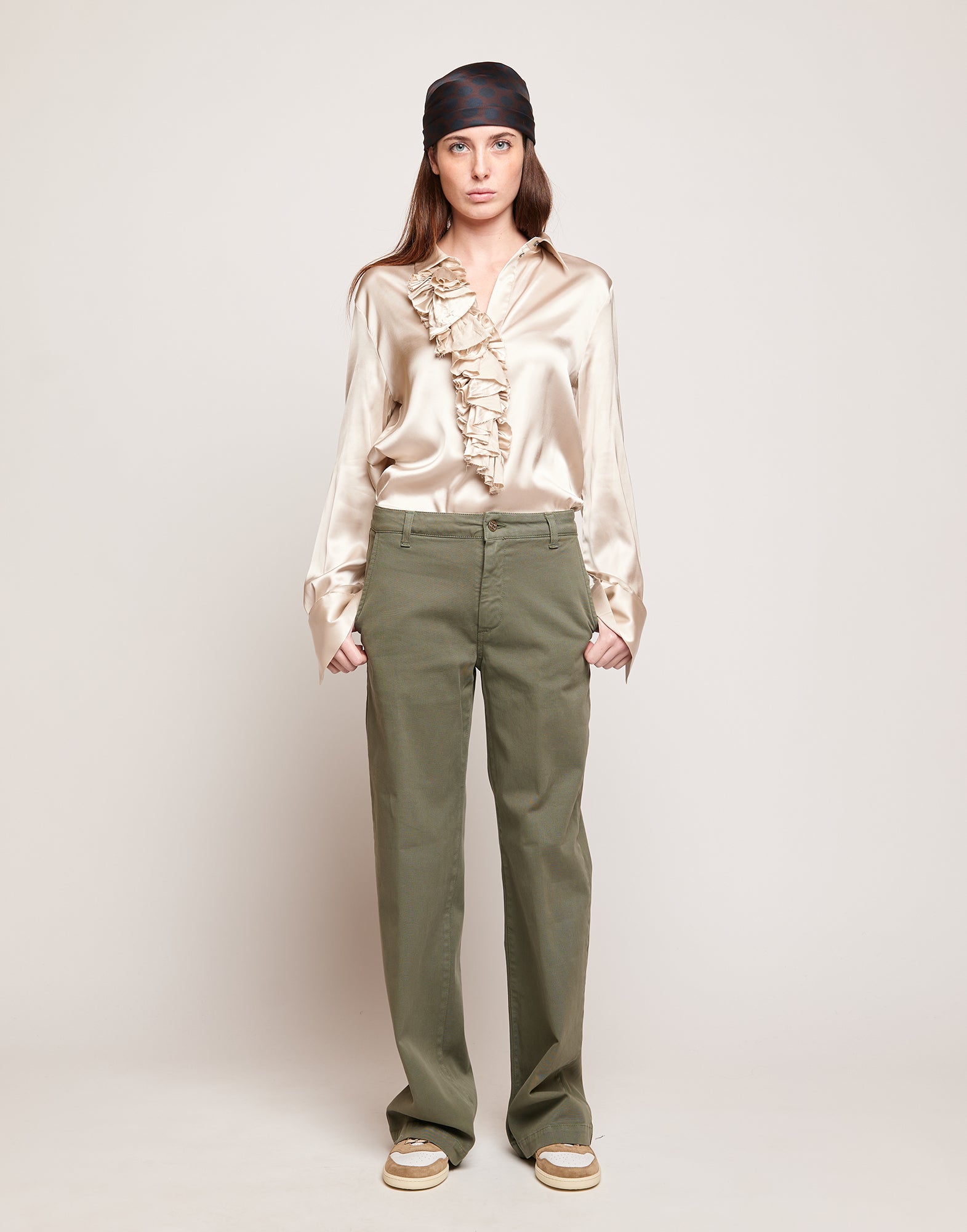 Pantaloni a Palazzo in Drill di Cotone Stretch Militare