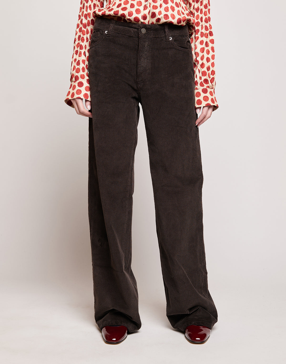 Pantalon palazzo en velours milleraies chocolat