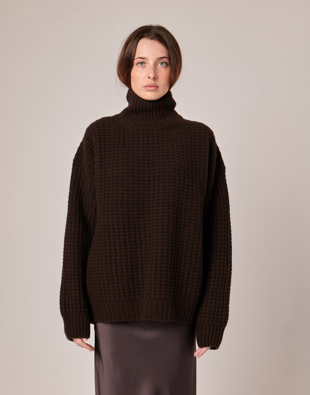 Maglione Dolcevita in Catenella di Lana Extrafine/Cashmere Cioccolato