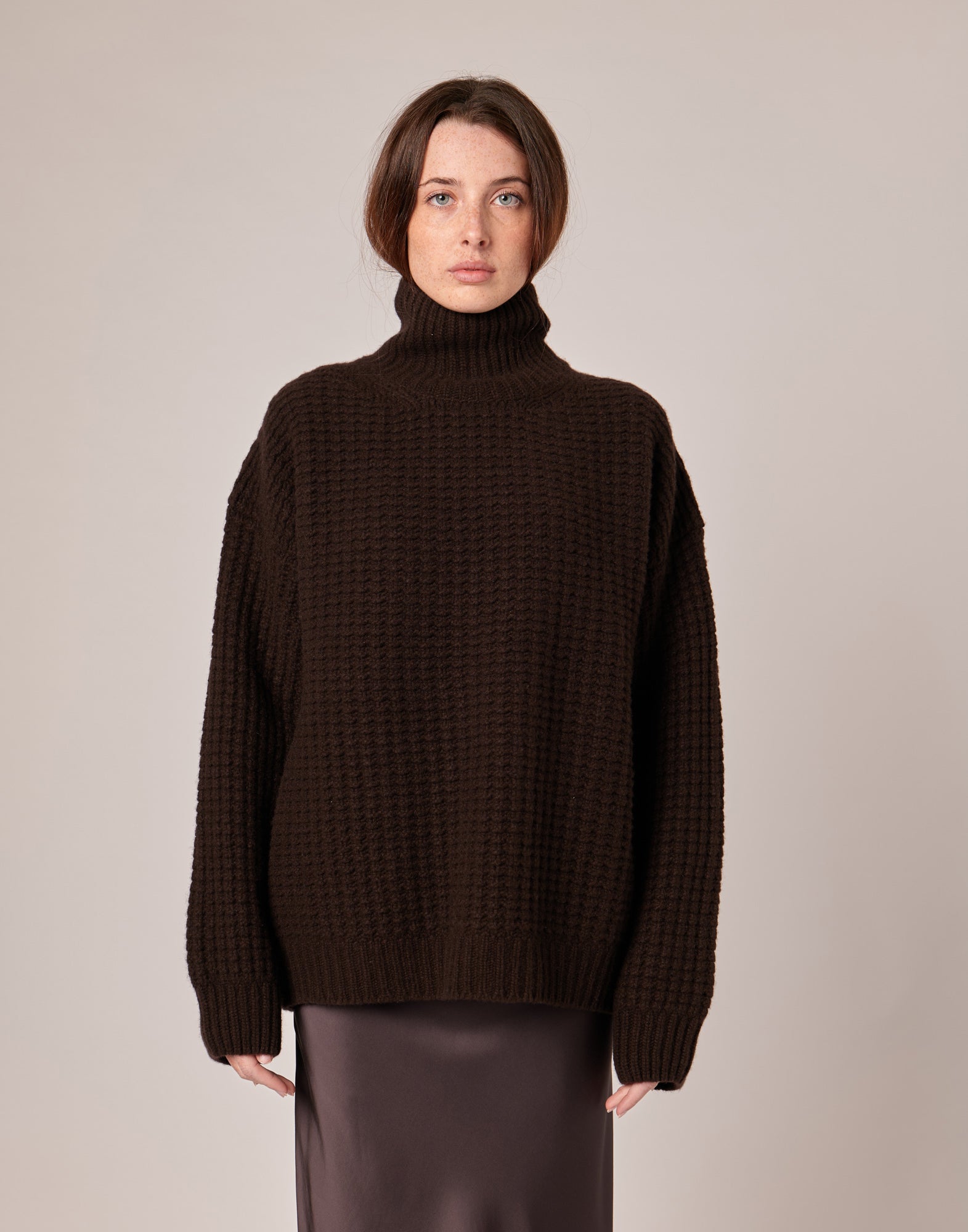 Maglione Dolcevita in Catenella di Lana Extrafine/Cashmere Cioccolato