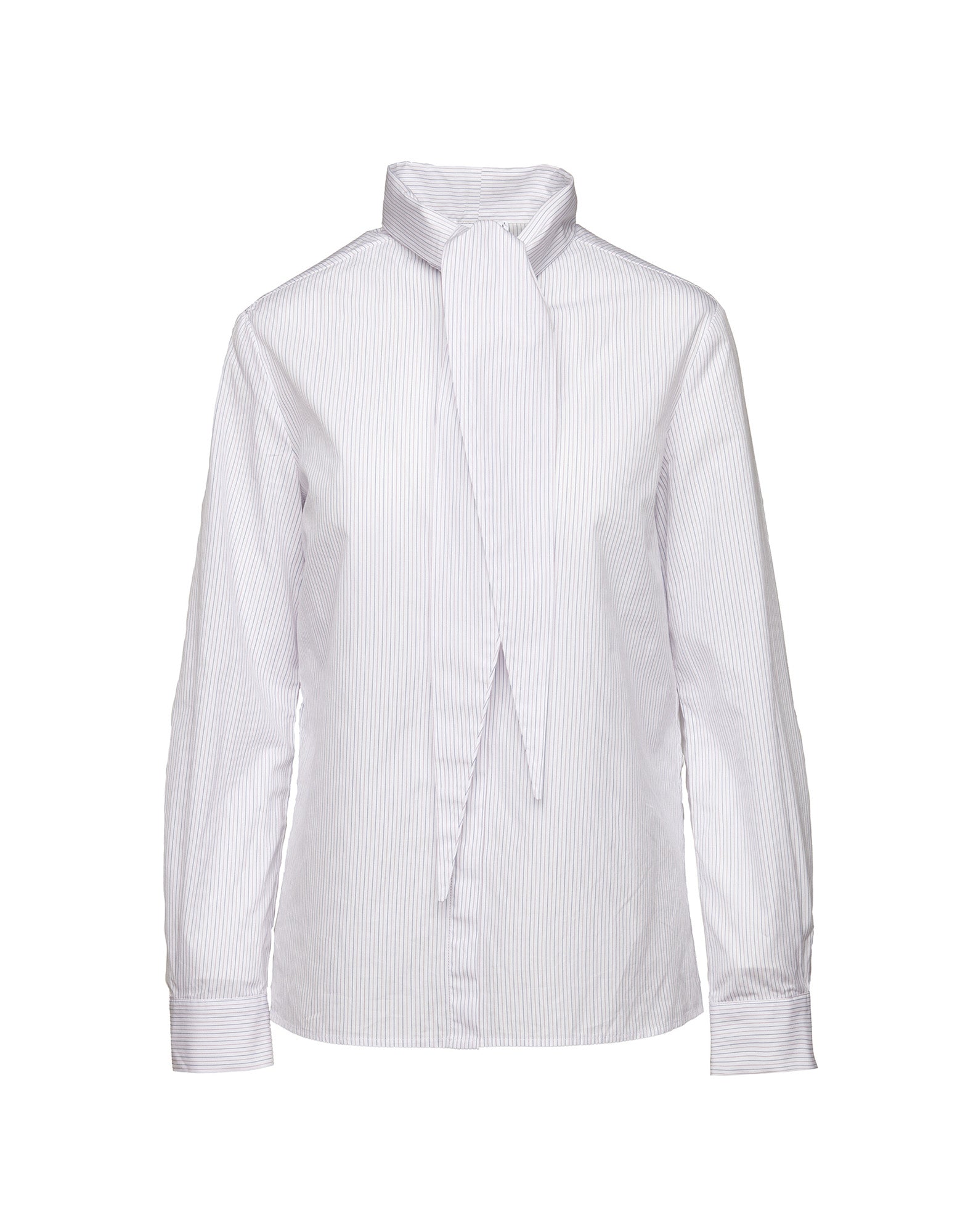 Camicia con Collo a Nastro in Popeline Rigato Bianco/Bordeaux/Blu