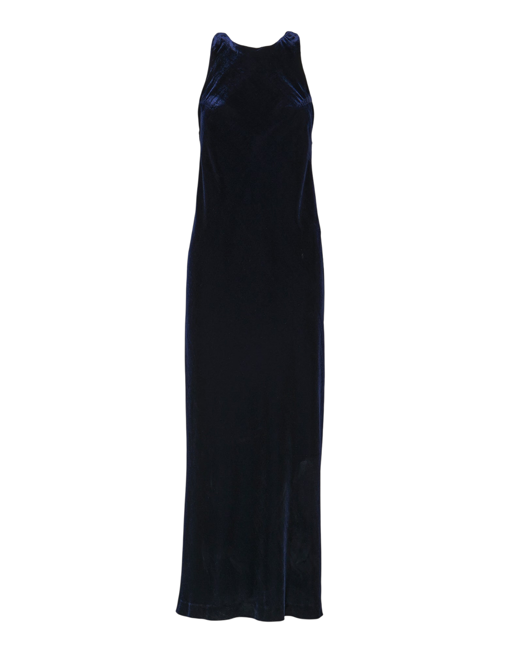 Robe longue sans manches en velours fluide mélangé soie bleu nuit