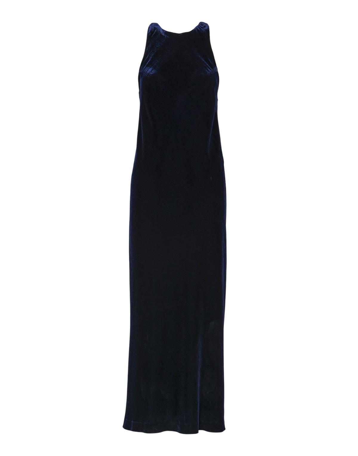 Robe longue sans manches en velours fluide mélangé soie bleu nuit