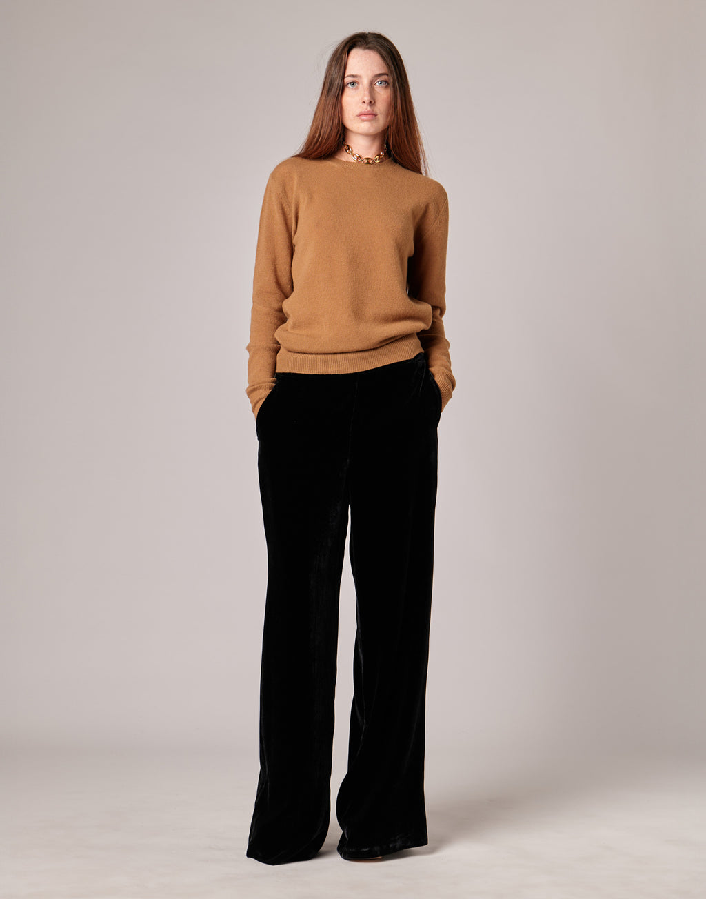 Pantaloni Lunghi in Velluto Fluido Misto Seta Blu Notte