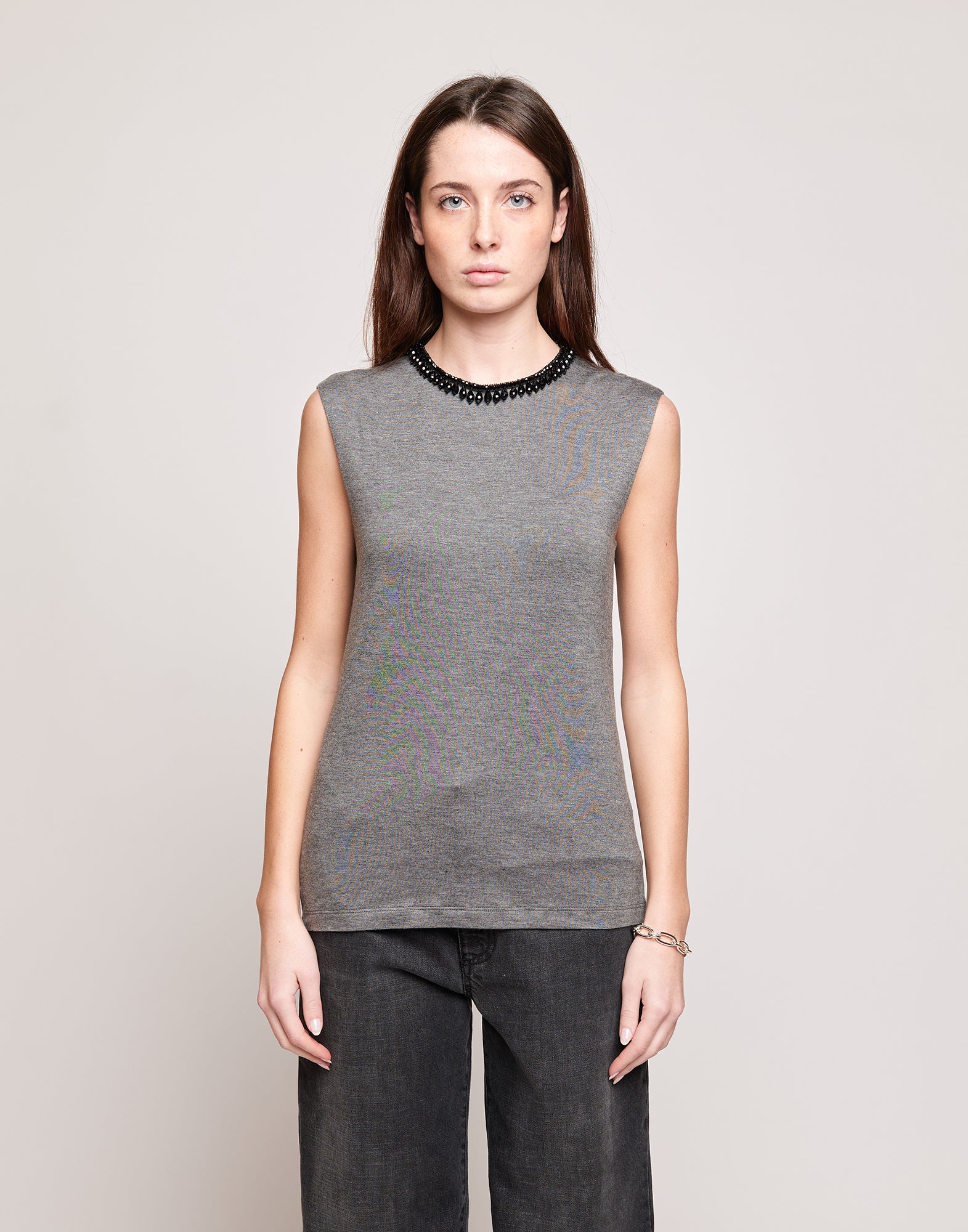 Top Senza Maniche in Jersey di Viscosa Stretch con Dettaglio Gioiello Grigio Melange