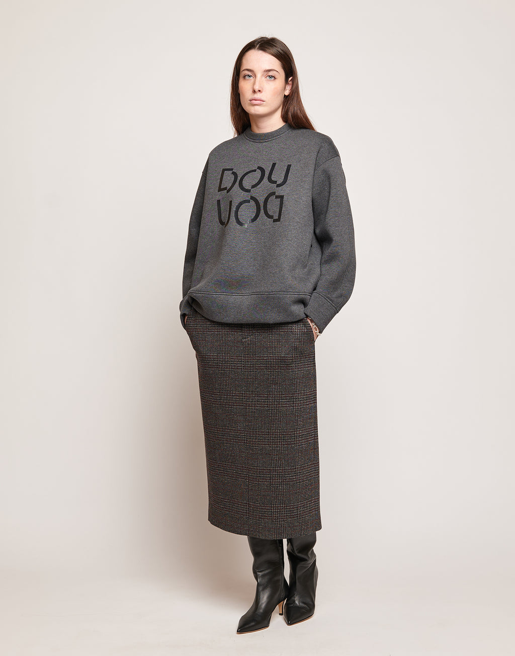 Felpa in Cotone con Logo Frontale Grigio Melange