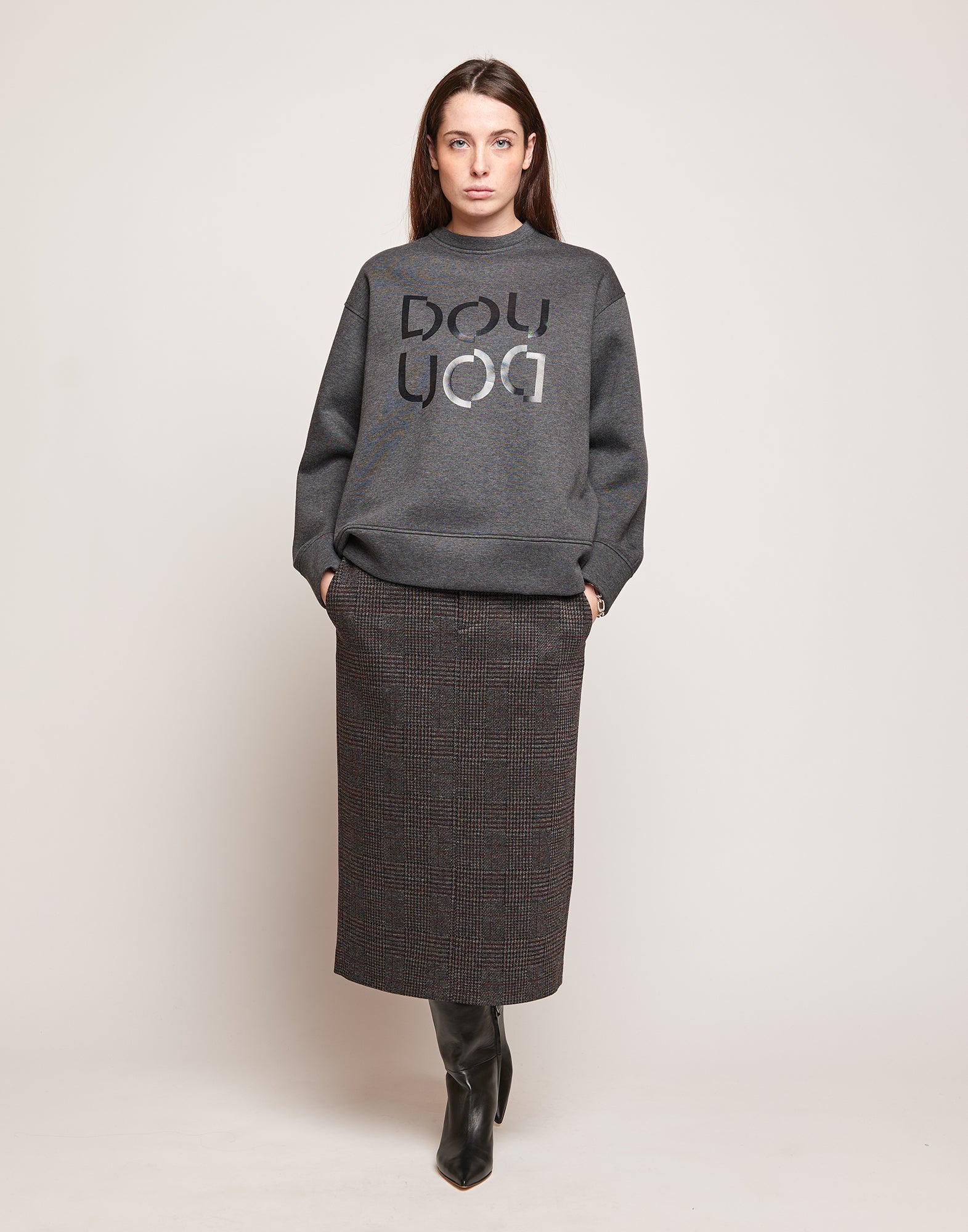 Felpa in Cotone con Logo Frontale Grigio Melange