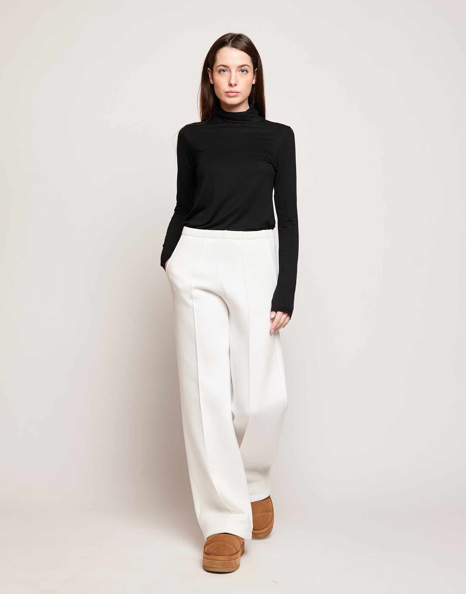 Pantaloni a Gamba Larga in Felpa Soft Panna