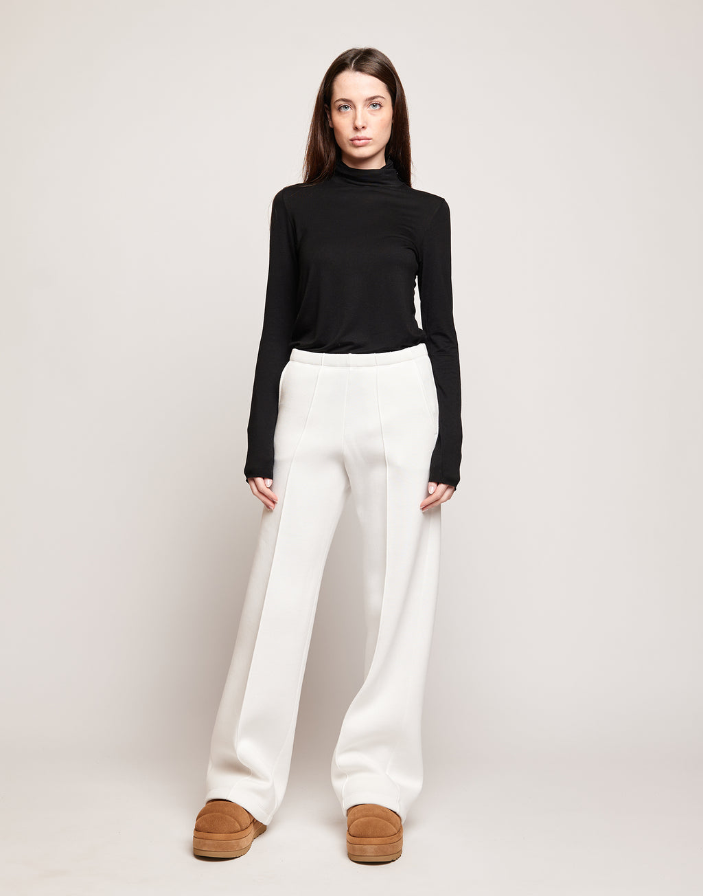 Pantaloni a Gamba Larga in Felpa Soft Panna