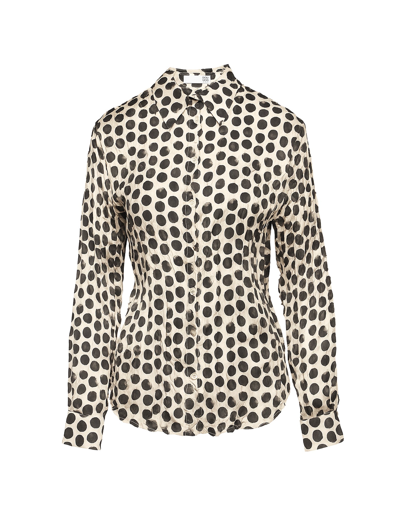 Camicia Stampata a Pois in Twill Plissé Champagne/Nero