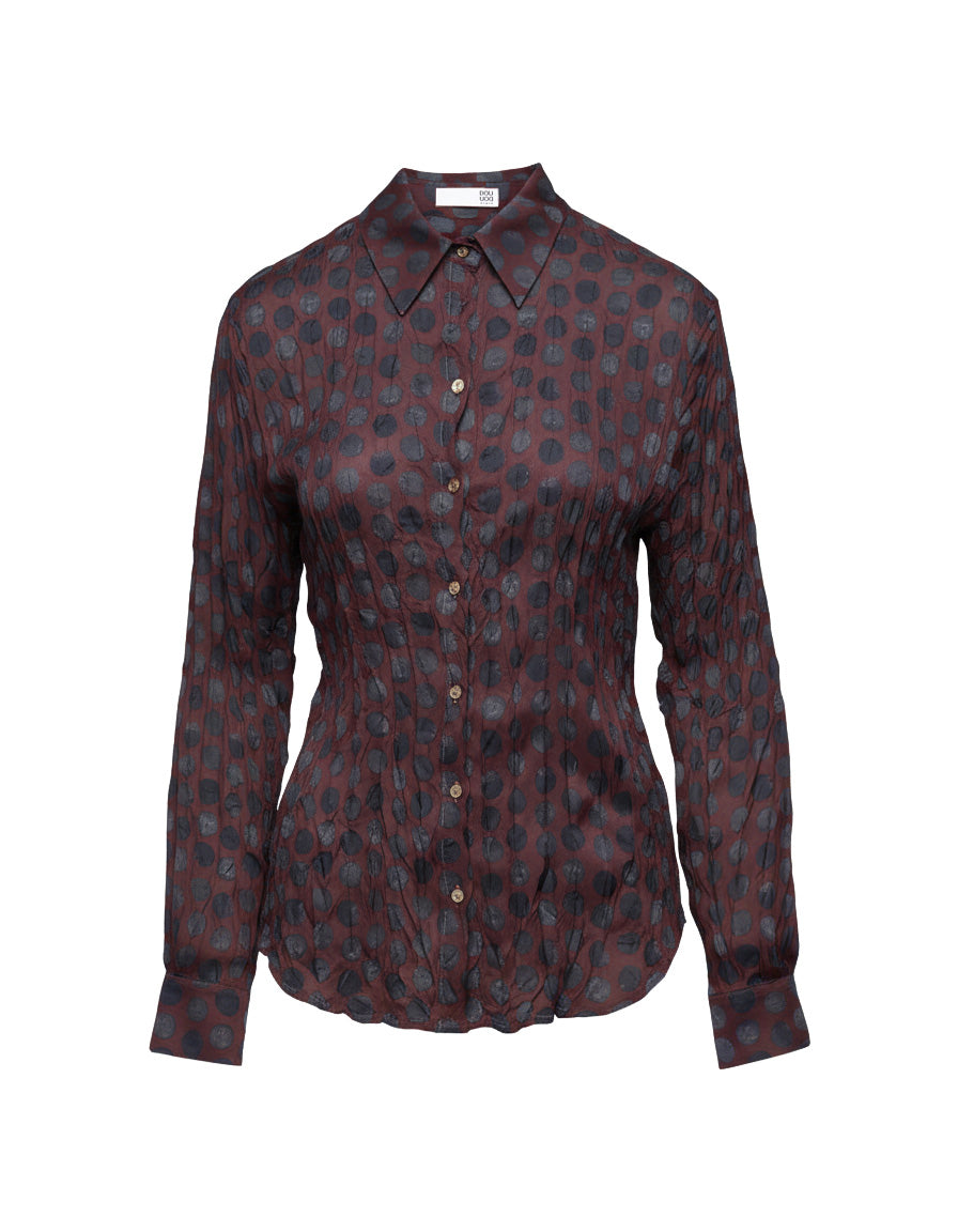 Camicia Stampata a Pois in Twill Plissé Moka/Oltremare