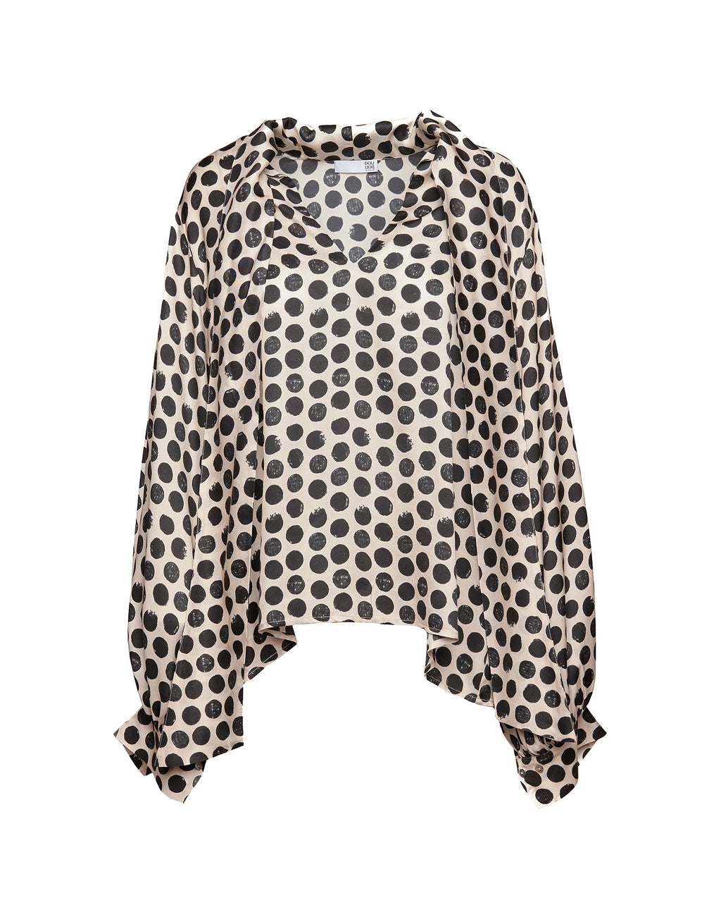 Blusa in Twill Stampato a Pois con Collo a Sciarpa Champagne/Nero