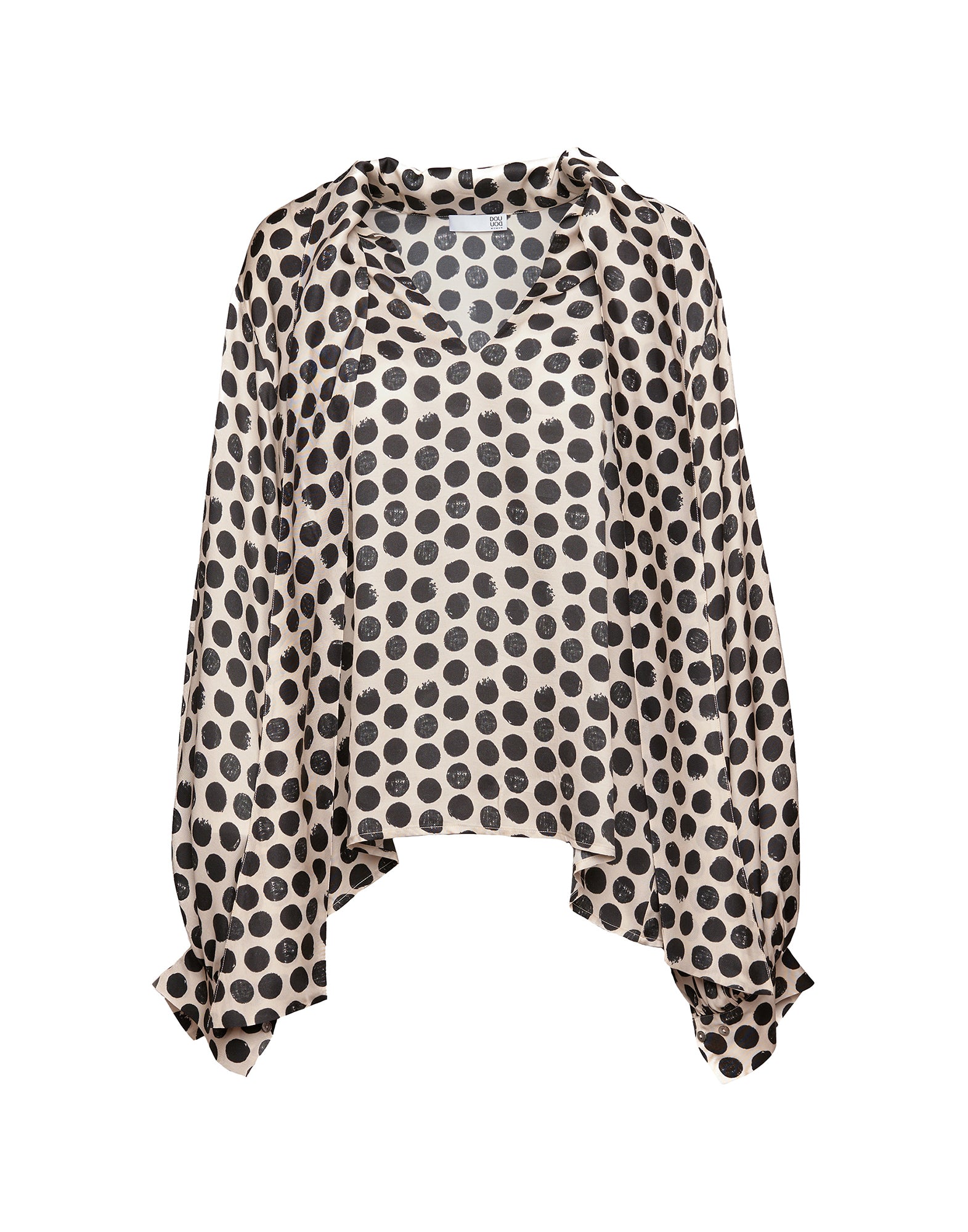 Blusa in Twill Stampato a Pois con Collo a Sciarpa Champagne/Nero
