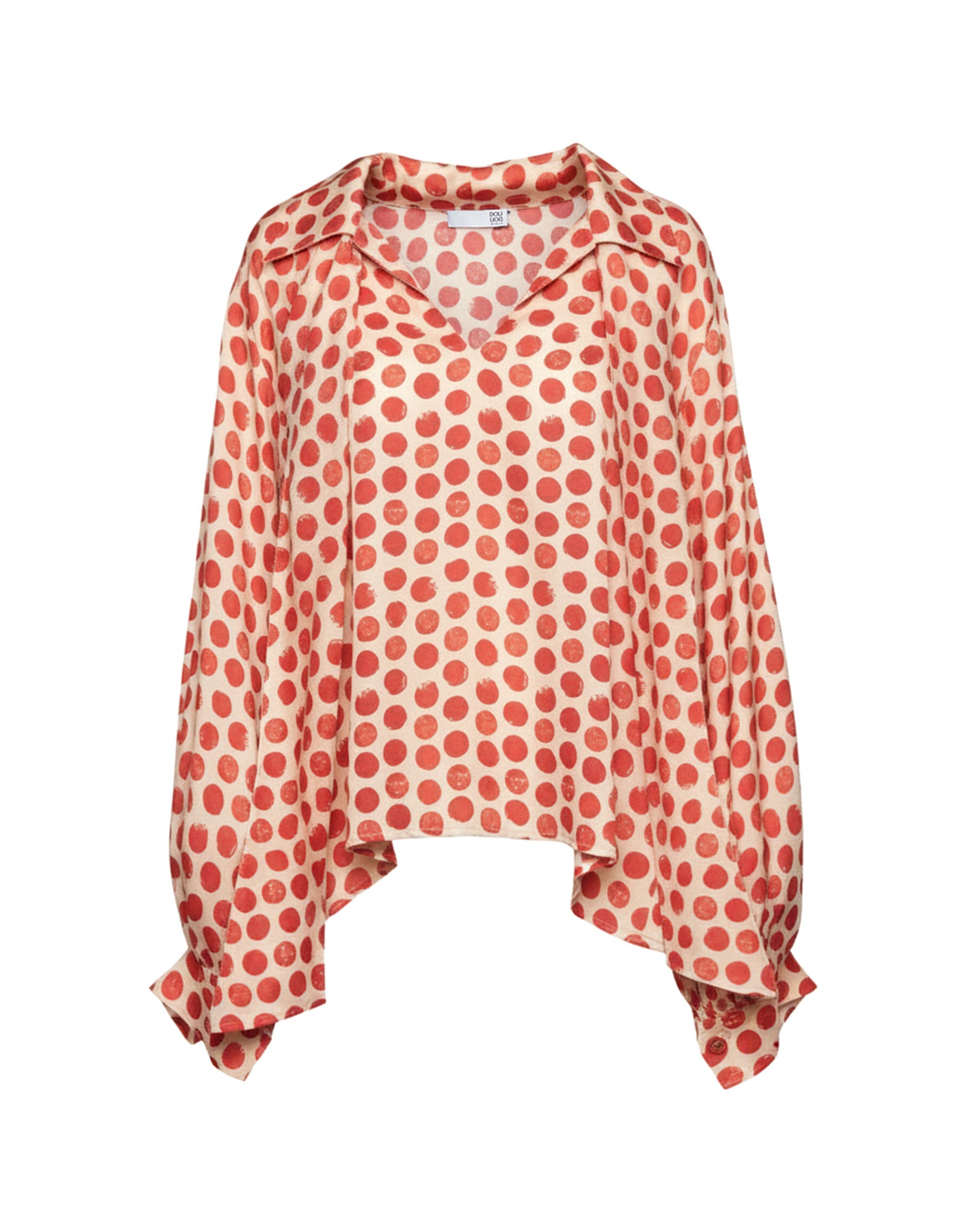 Blusa in Twill Stampato a Pois con Collo a Sciarpa Vaniglia/Cherry
