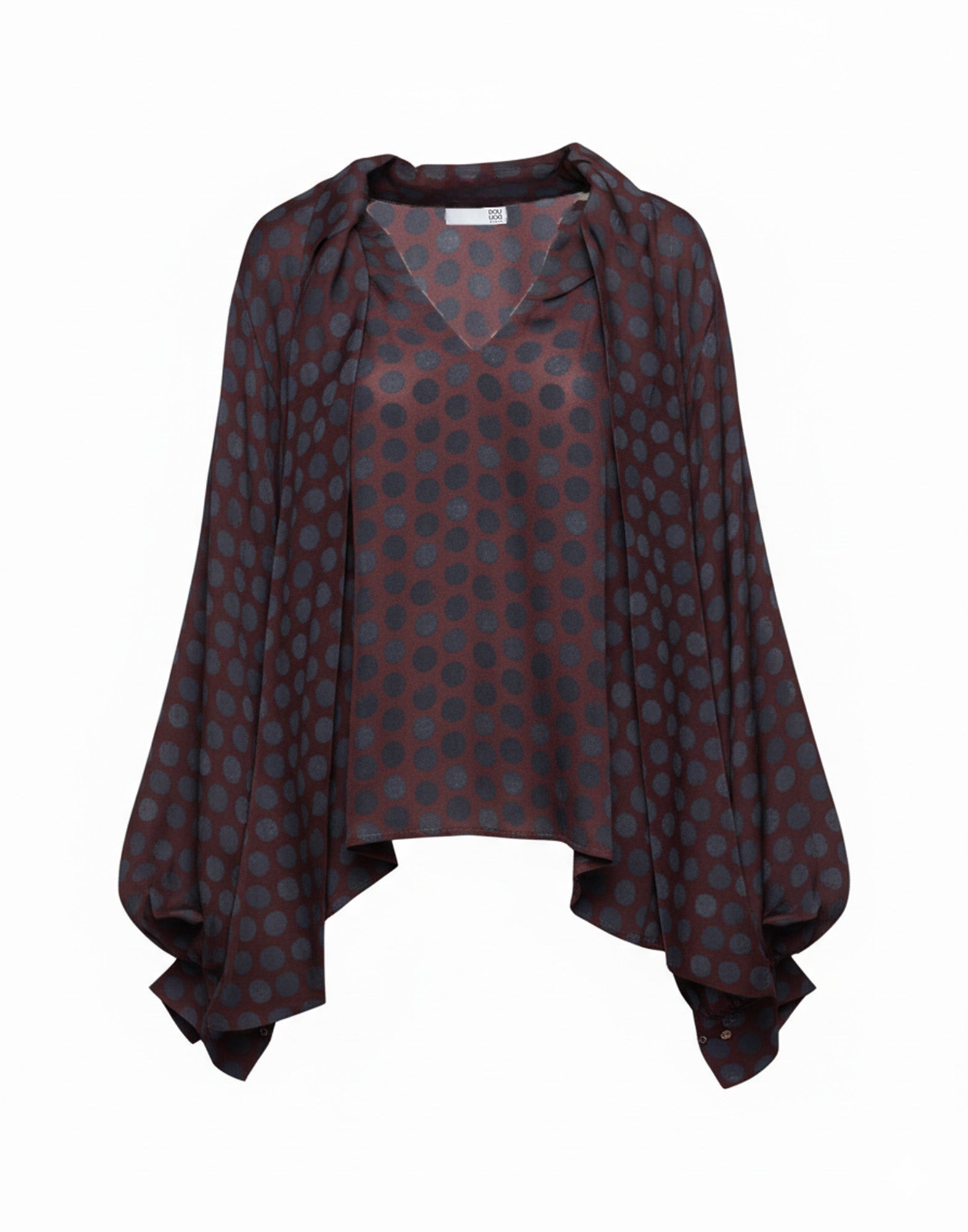 Blusa in Twill Stampato a Pois con Collo a Sciarpa Moka/Oltremare