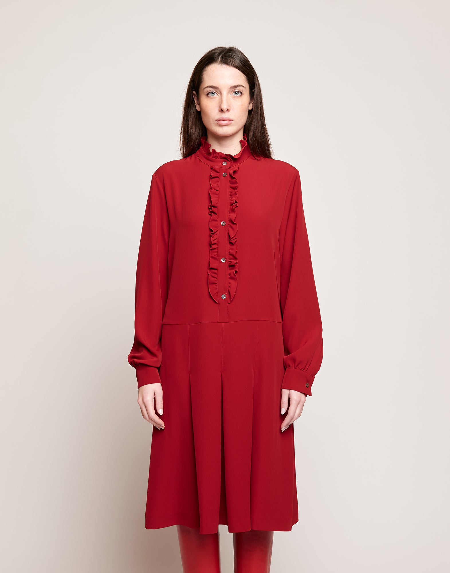 Abito Camicia in Cady Fluido con Rouches Cherry