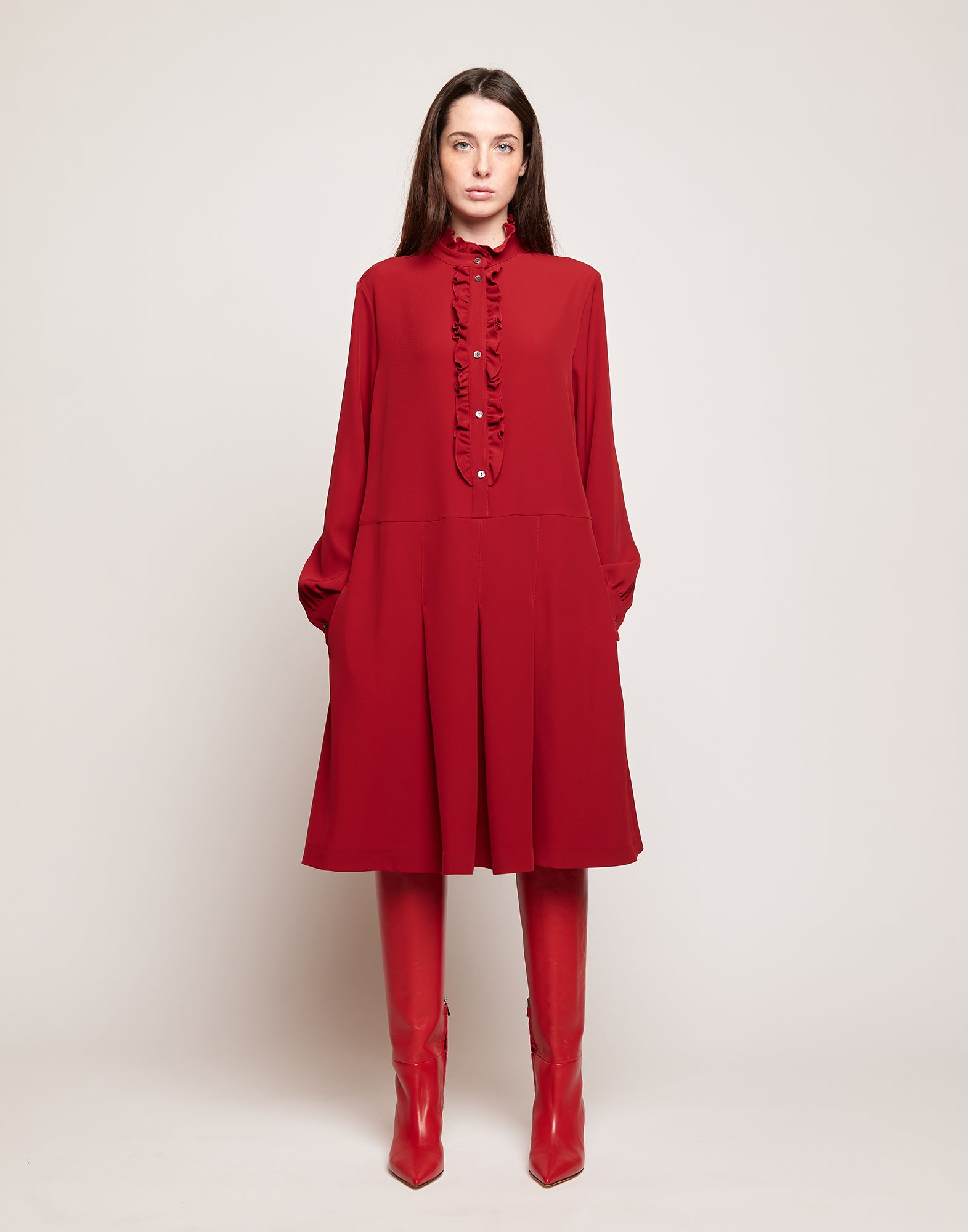 Abito Camicia in Cady Fluido con Rouches Cherry