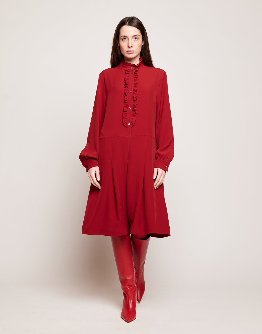 Abito Camicia in Cady Fluido con Rouches Cherry