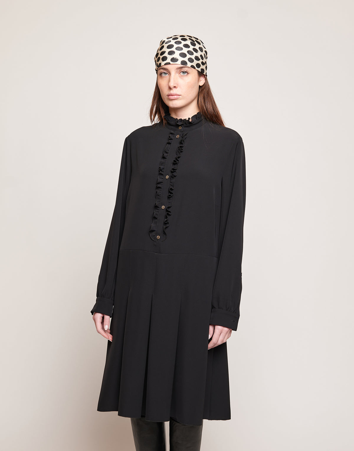 Black Fluid Cady Shirt Dress with Ruffles