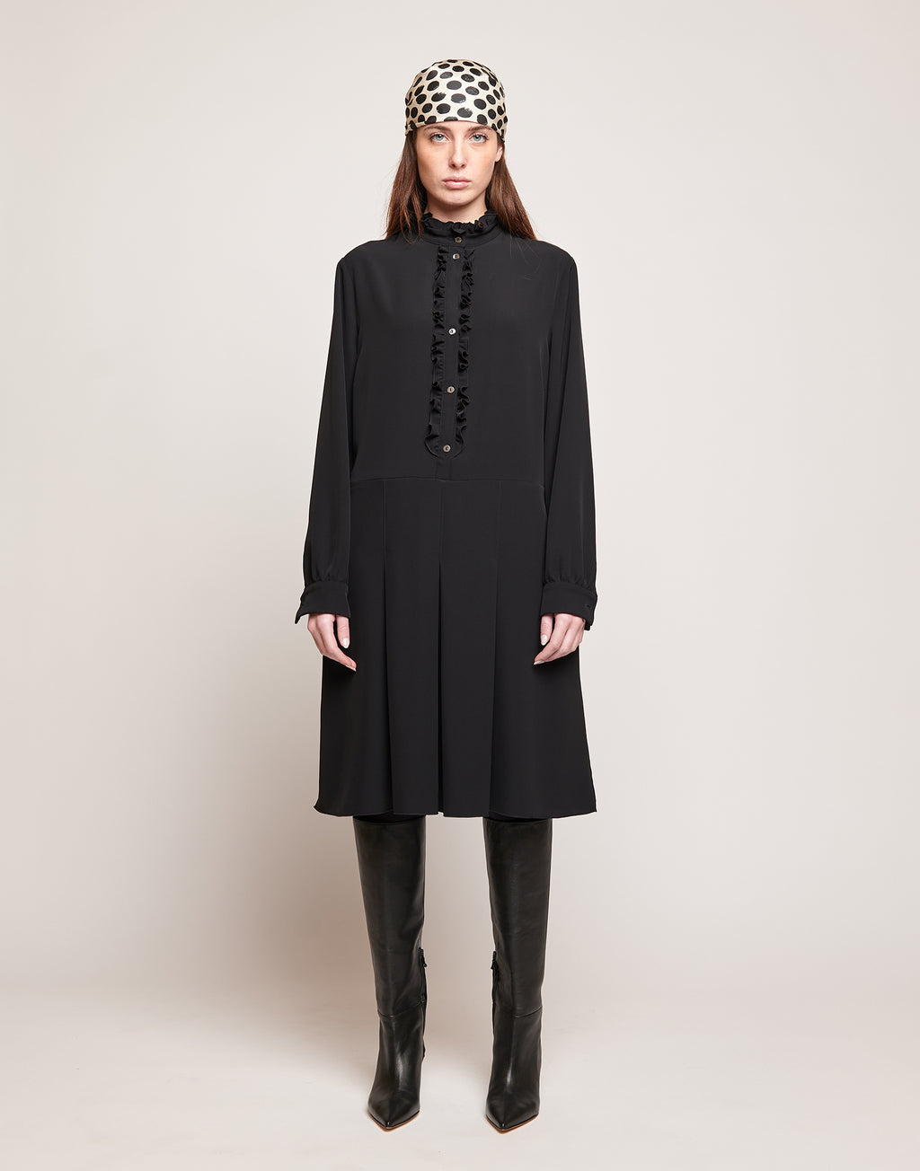 Abito Camicia in Cady Fluido con Rouches Nero