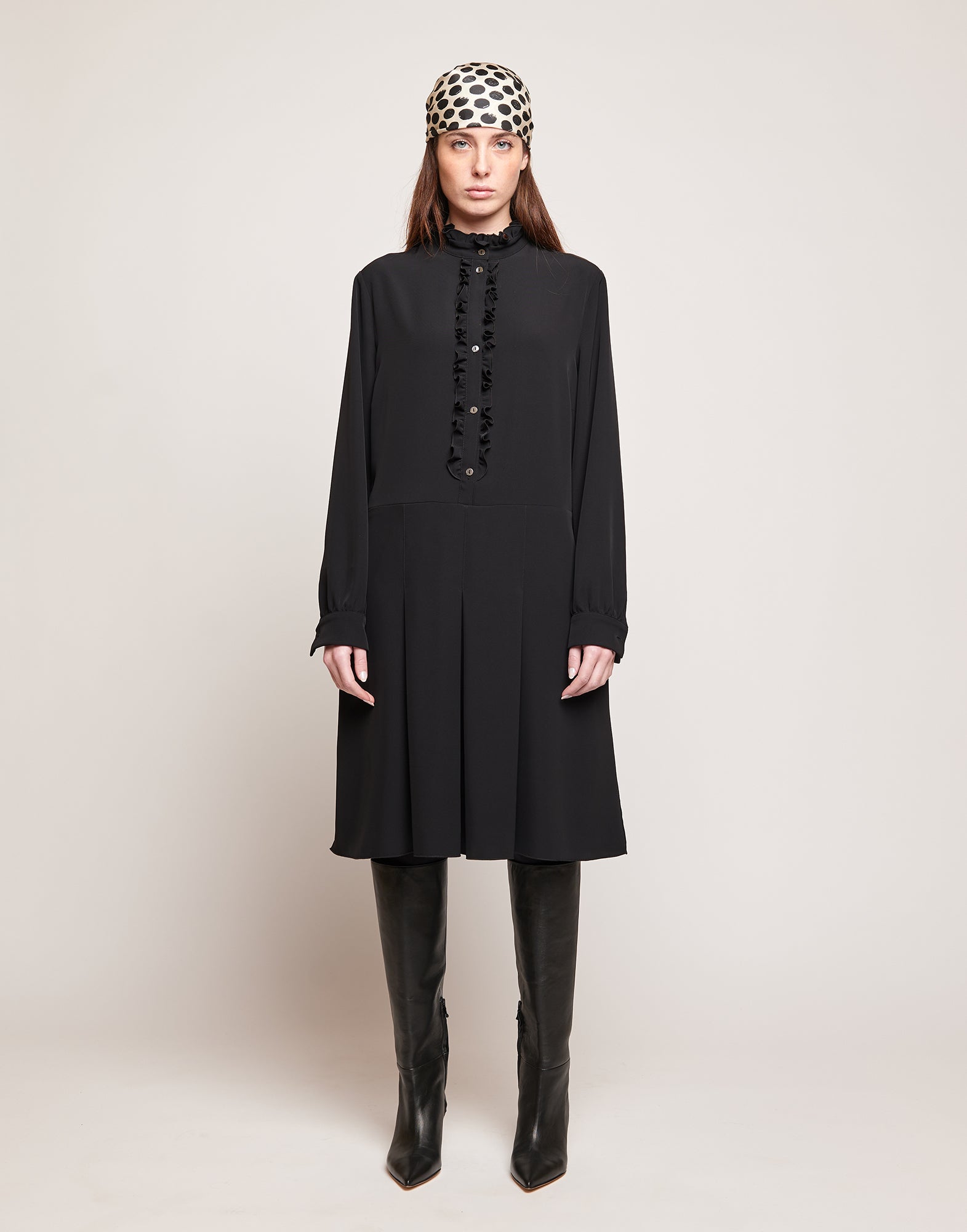 Abito Camicia in Cady Fluido con Rouches Nero