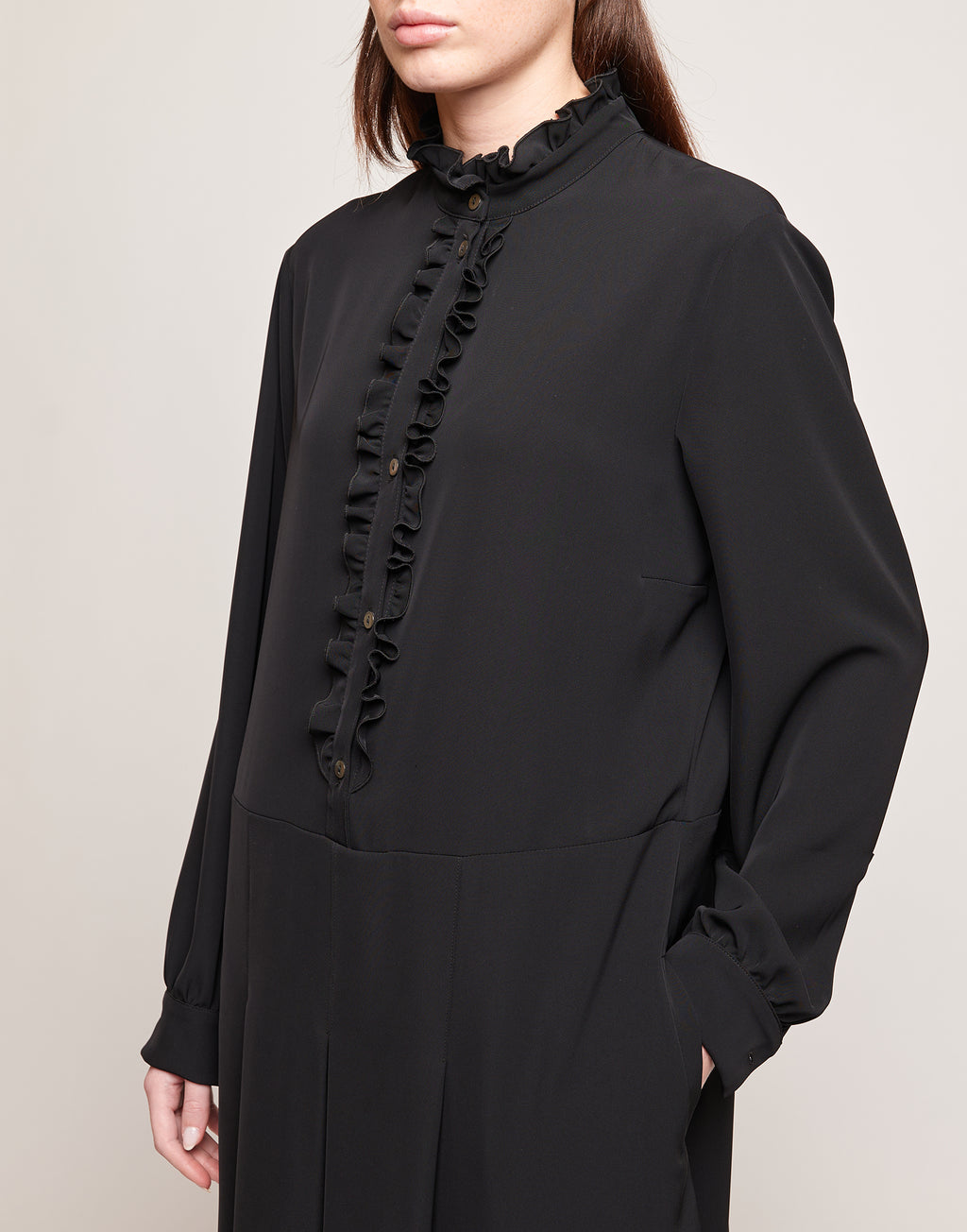 Abito Camicia in Cady Fluido con Rouches Nero