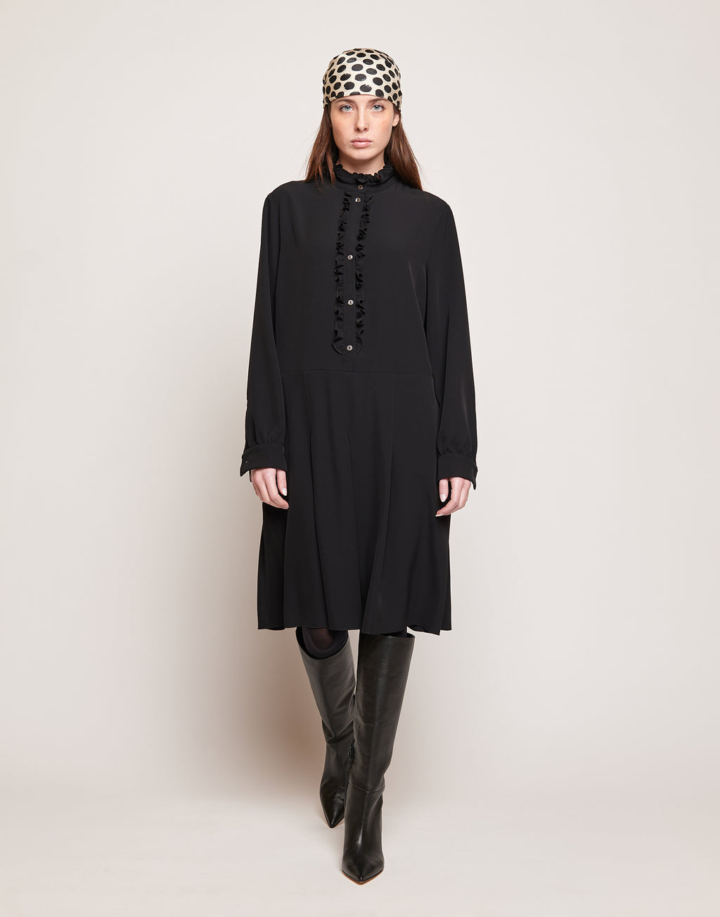 Abito Camicia in Cady Fluido con Rouches Nero