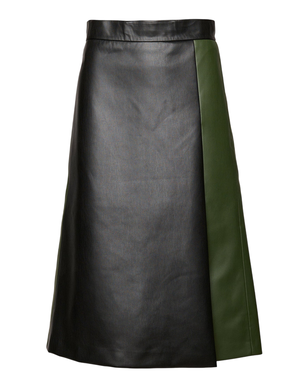 Jupe mi-longue en similicuir bicolore olive/noir