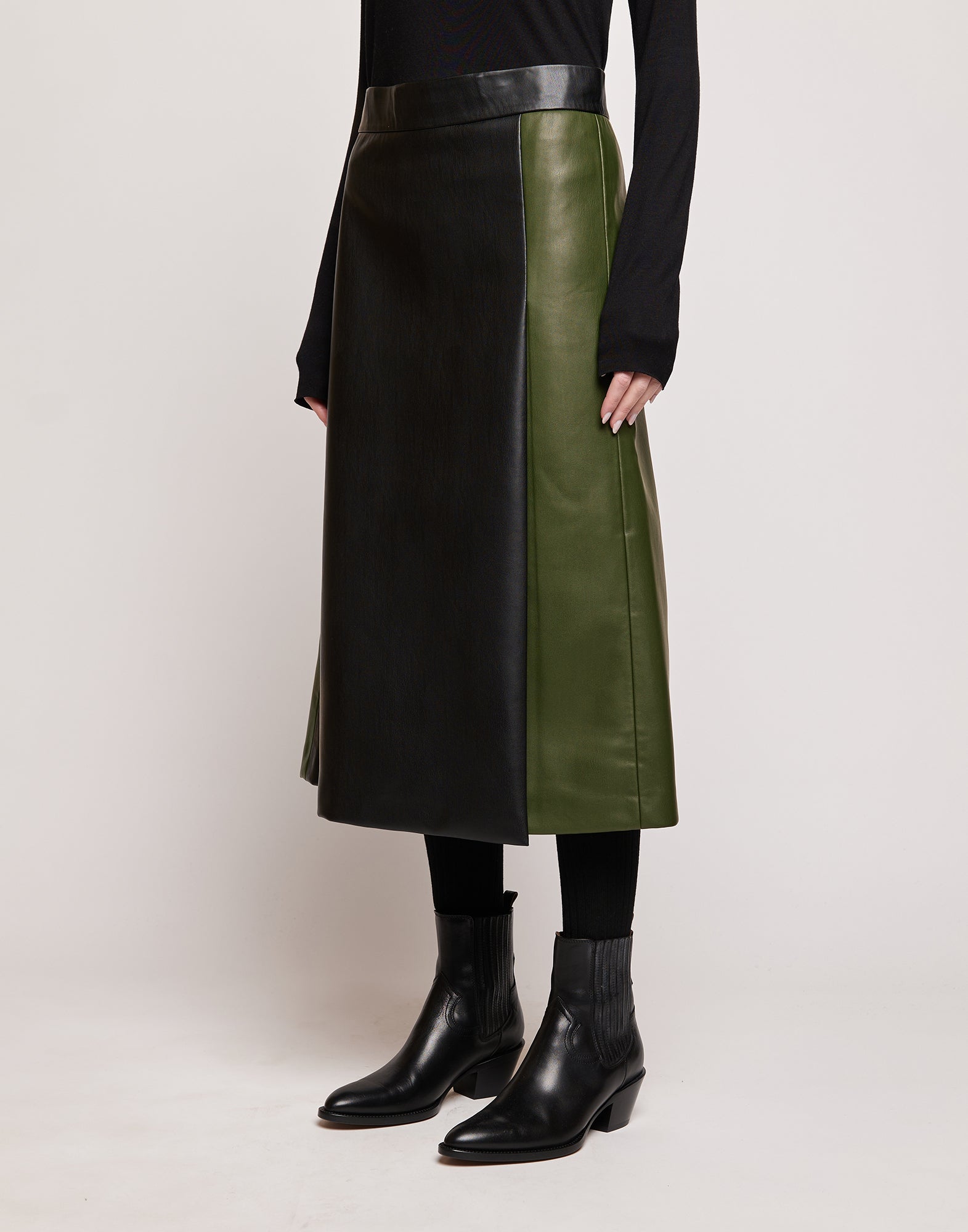 Gonna Longuette in Eco Soft Leather Bicolore Oliva/Nero