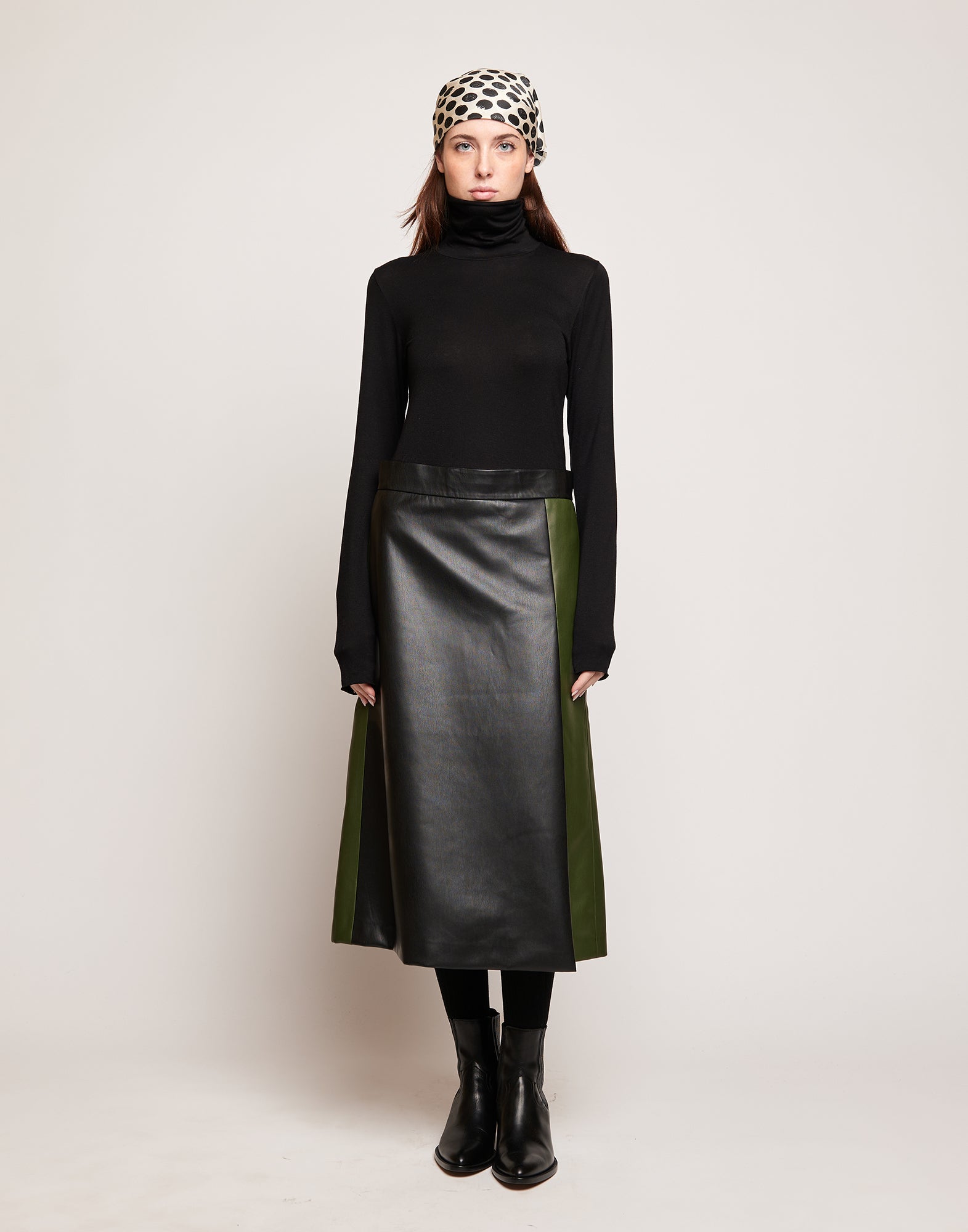 Gonna Longuette in Eco Soft Leather Bicolore Oliva/Nero