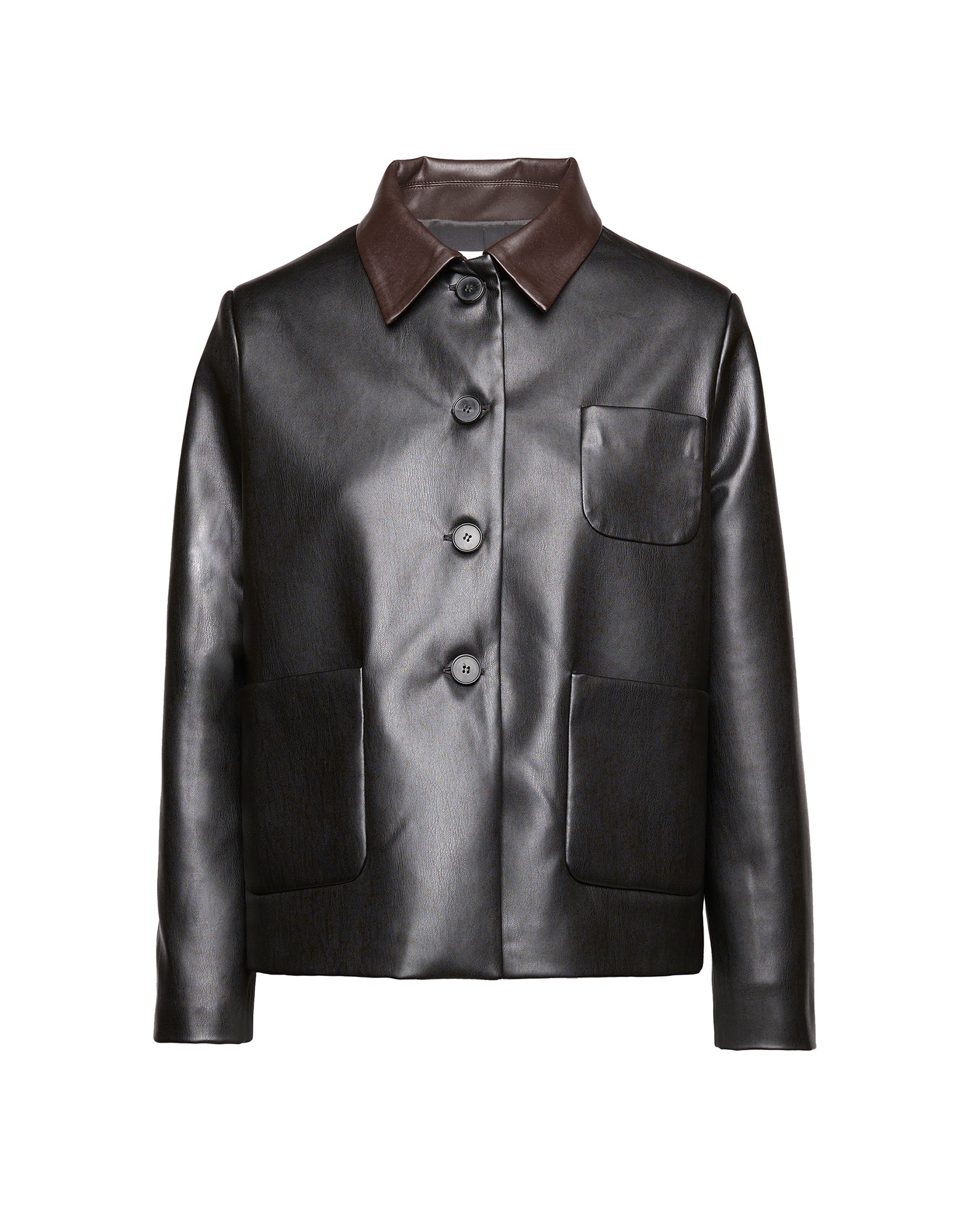Giacca Scatolina in Eco Soft Leather con Collo a Contrasto Nero/Moro