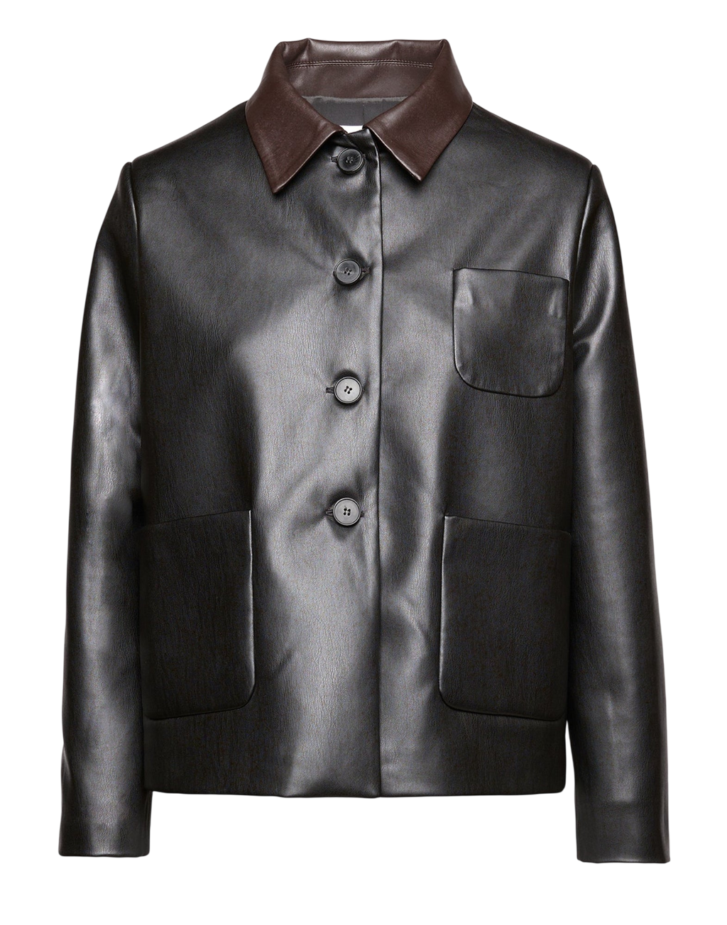 Veste boîte en cuir éco-doux avec col contrastant noir/marron foncé
