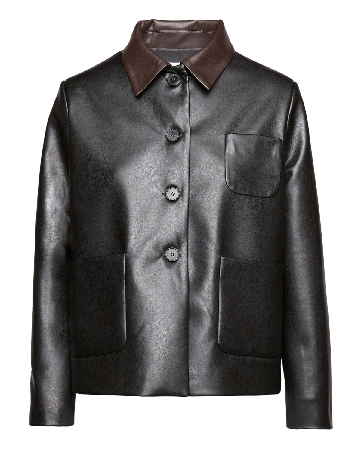 Eco Soft Leather Jacket with Contrast Collar in Black/Dark Brown