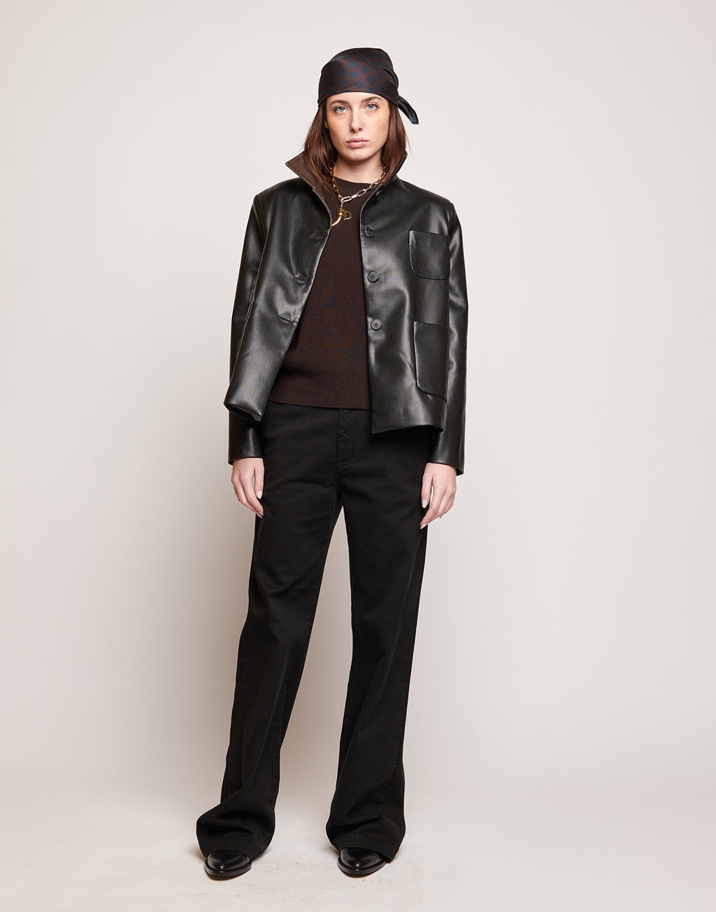 Giacca Scatolina in Eco Soft Leather con Collo a Contrasto Nero/Moro