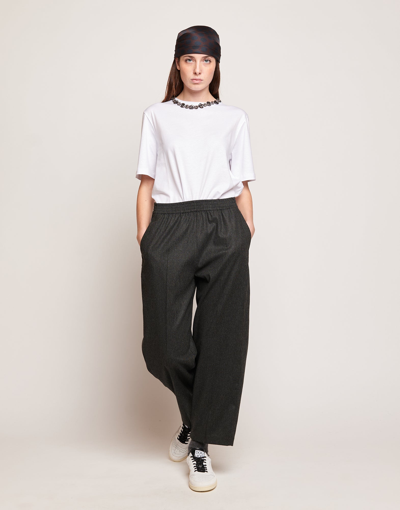 Pantaloni in Flanella Stretch con Vita Elasticizzata Grigio Antracite