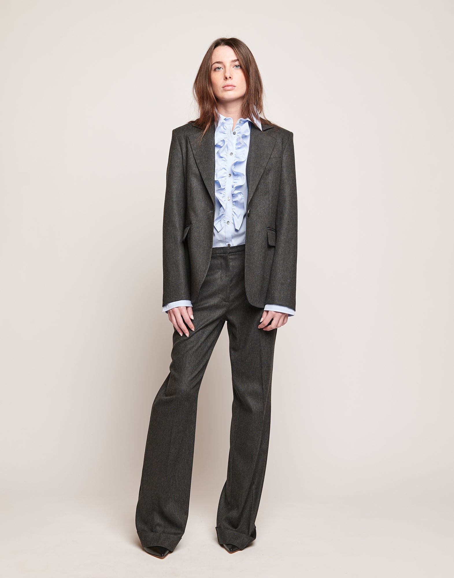 Blazer Monopetto in Flanella Stretch con Rever Grigio Antracite