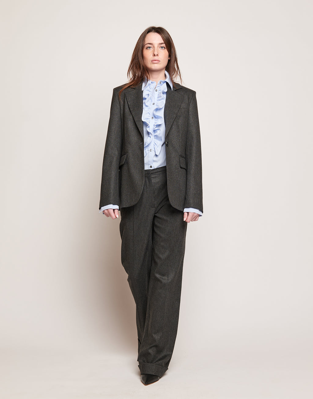 Blazer Monopetto in Flanella Stretch con Rever Grigio Antracite