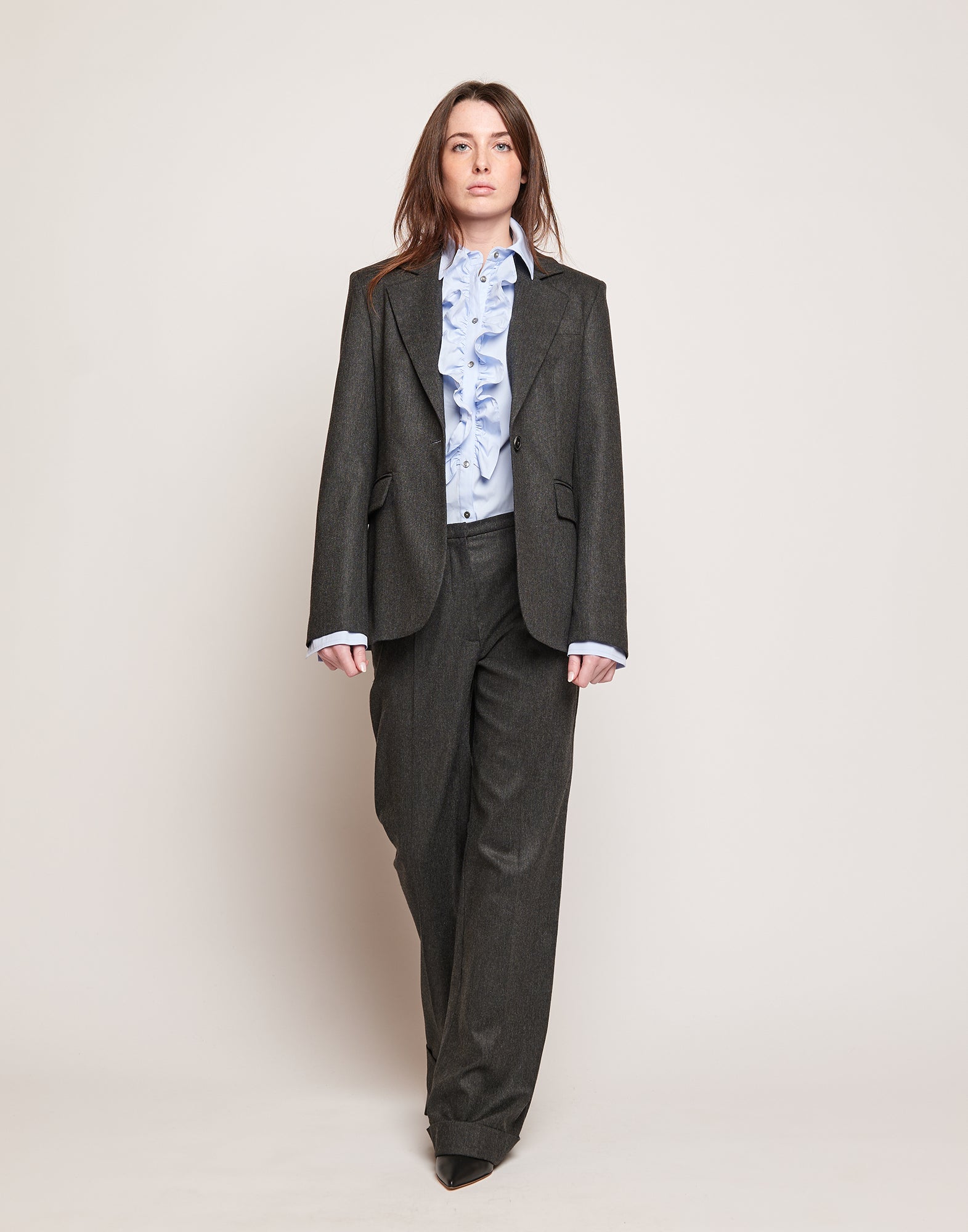 Blazer Monopetto in Flanella Stretch con Rever Grigio Antracite