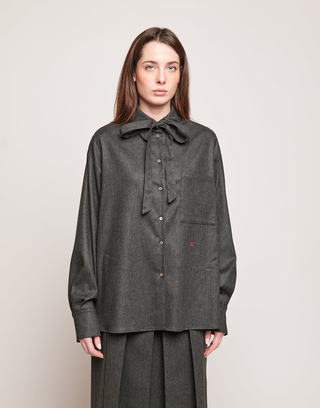 Camicia in Flanella Stretch con Nastro al Collo Grigio Antracite