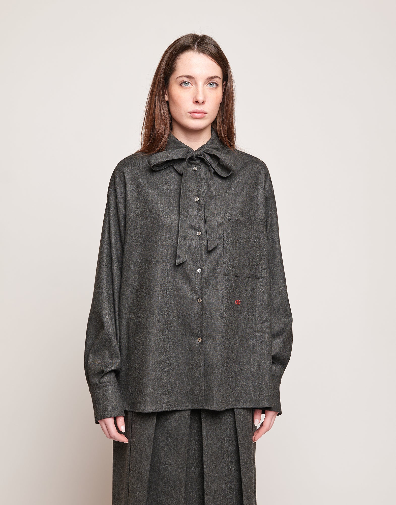 Camicia in Flanella Stretch con Nastro al Collo Grigio Antracite