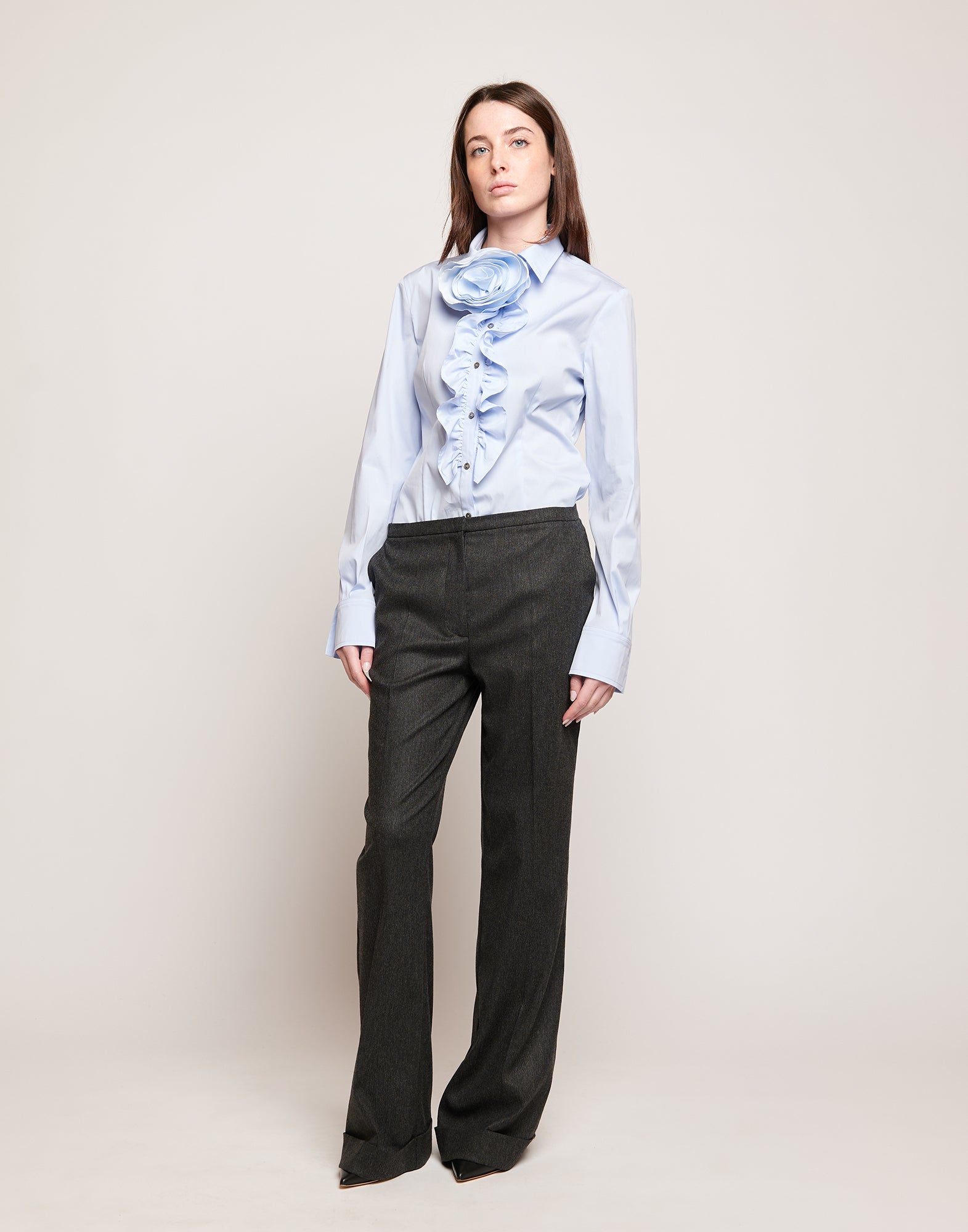 Pantaloni in Flanella Stretch con Gamba Dritta Grigio Antracite