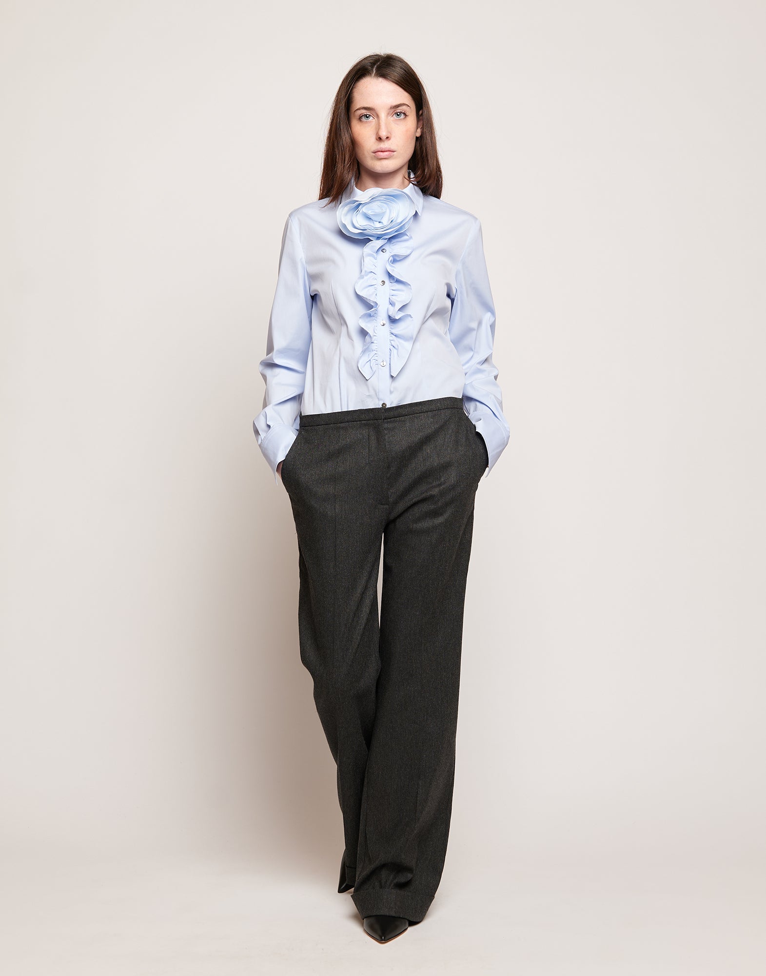 Pantaloni in Flanella Stretch con Gamba Dritta Grigio Antracite
