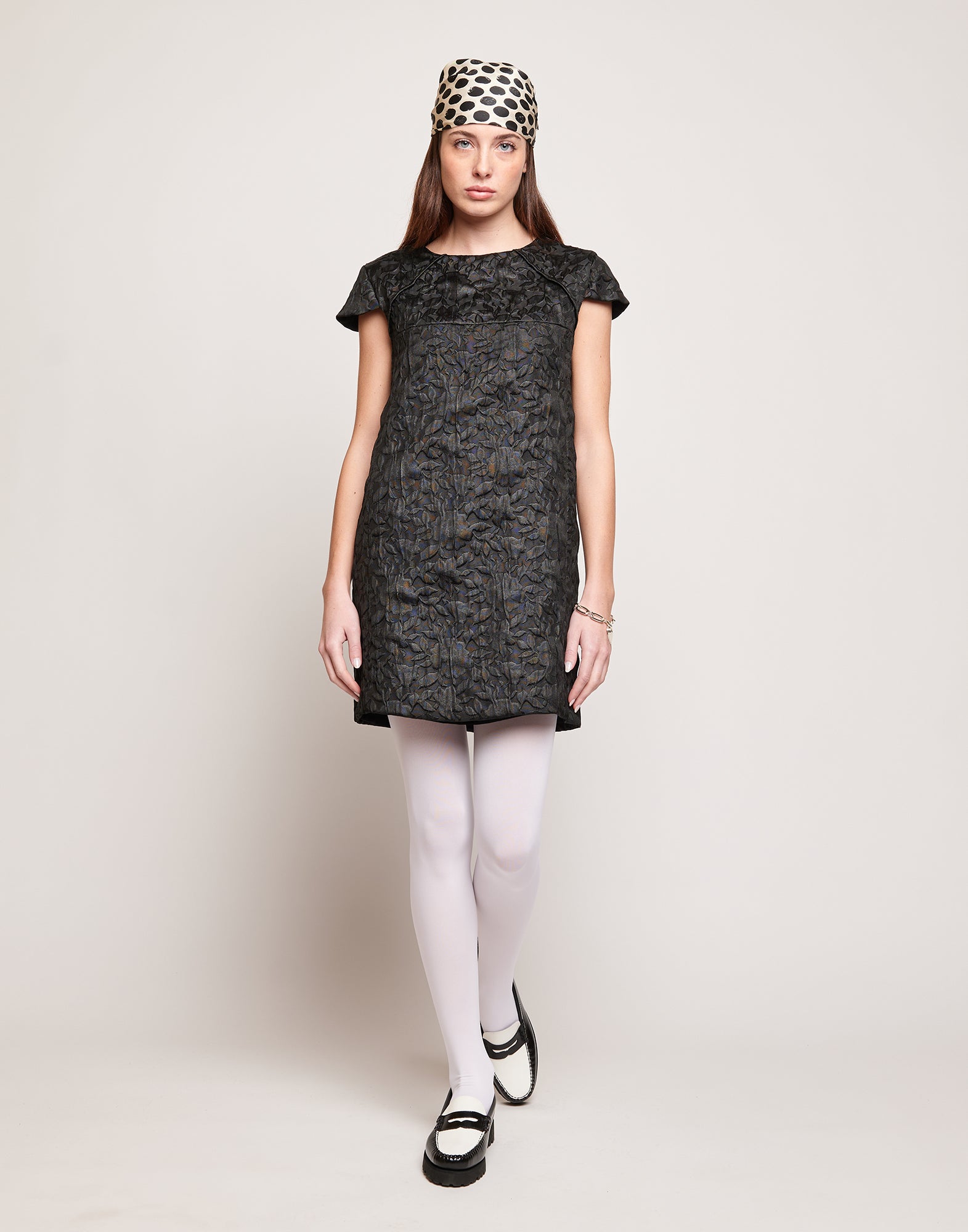 Abito in Tessuto Matelassé Floreale Nero