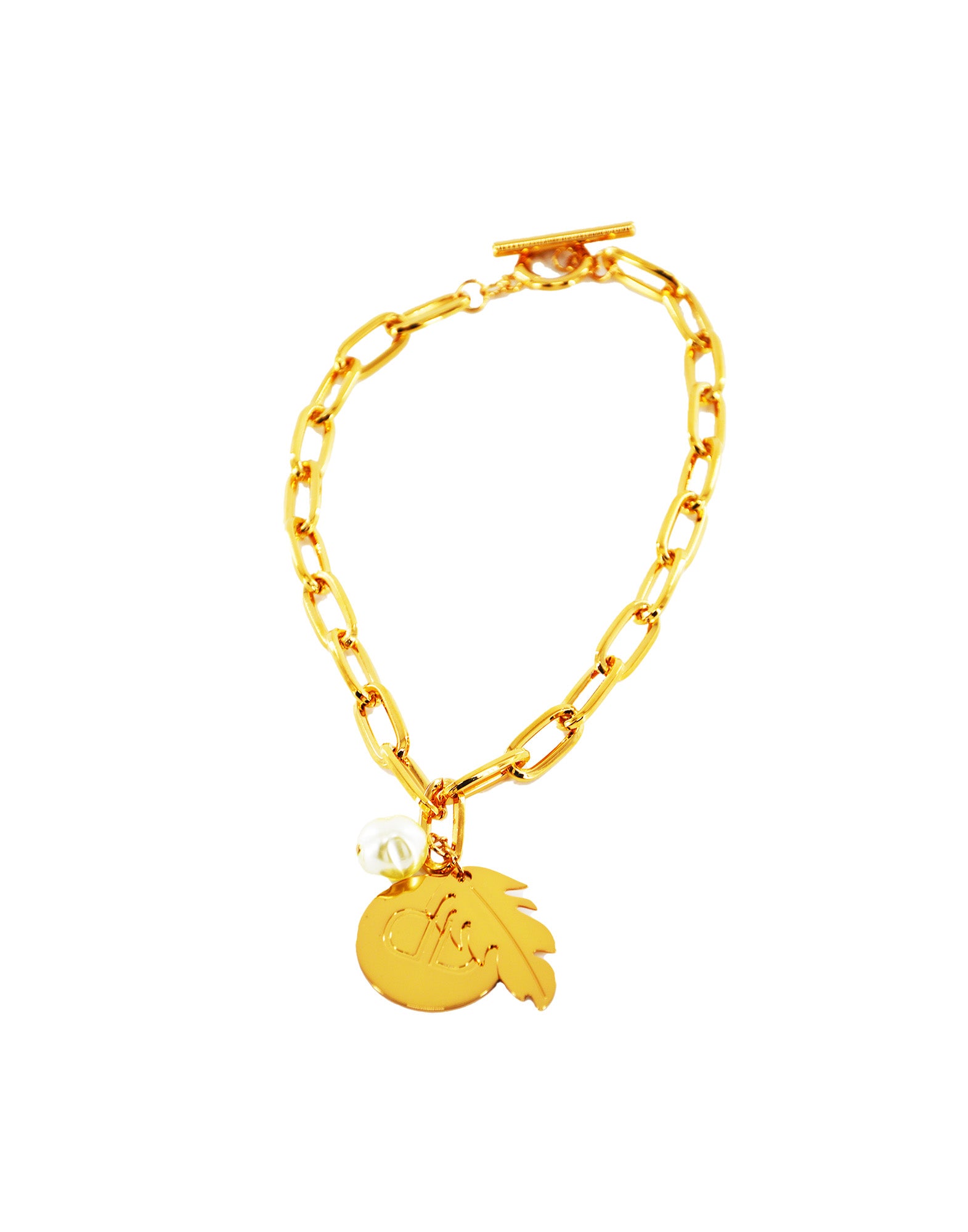 Collana con Ciondolo Logo, Piuma e Perla Barocca Oro