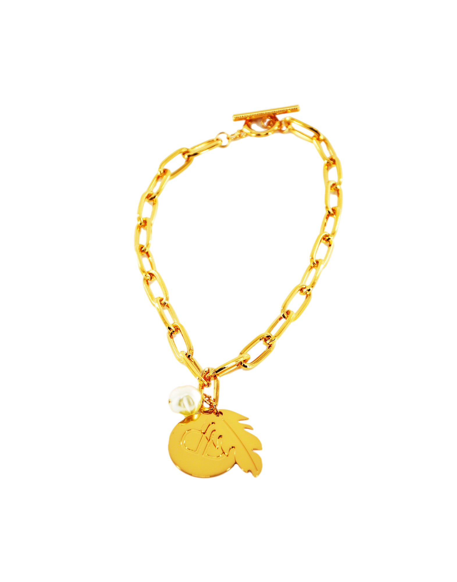 Collana con Ciondolo Logo, Piuma e Perla Barocca Oro