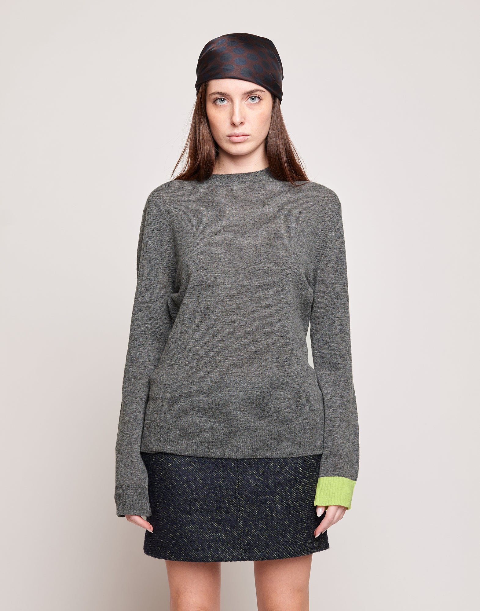 Maglione in Lana Merino Supergeelong con Polsino a Contrasto Grigio/Lime