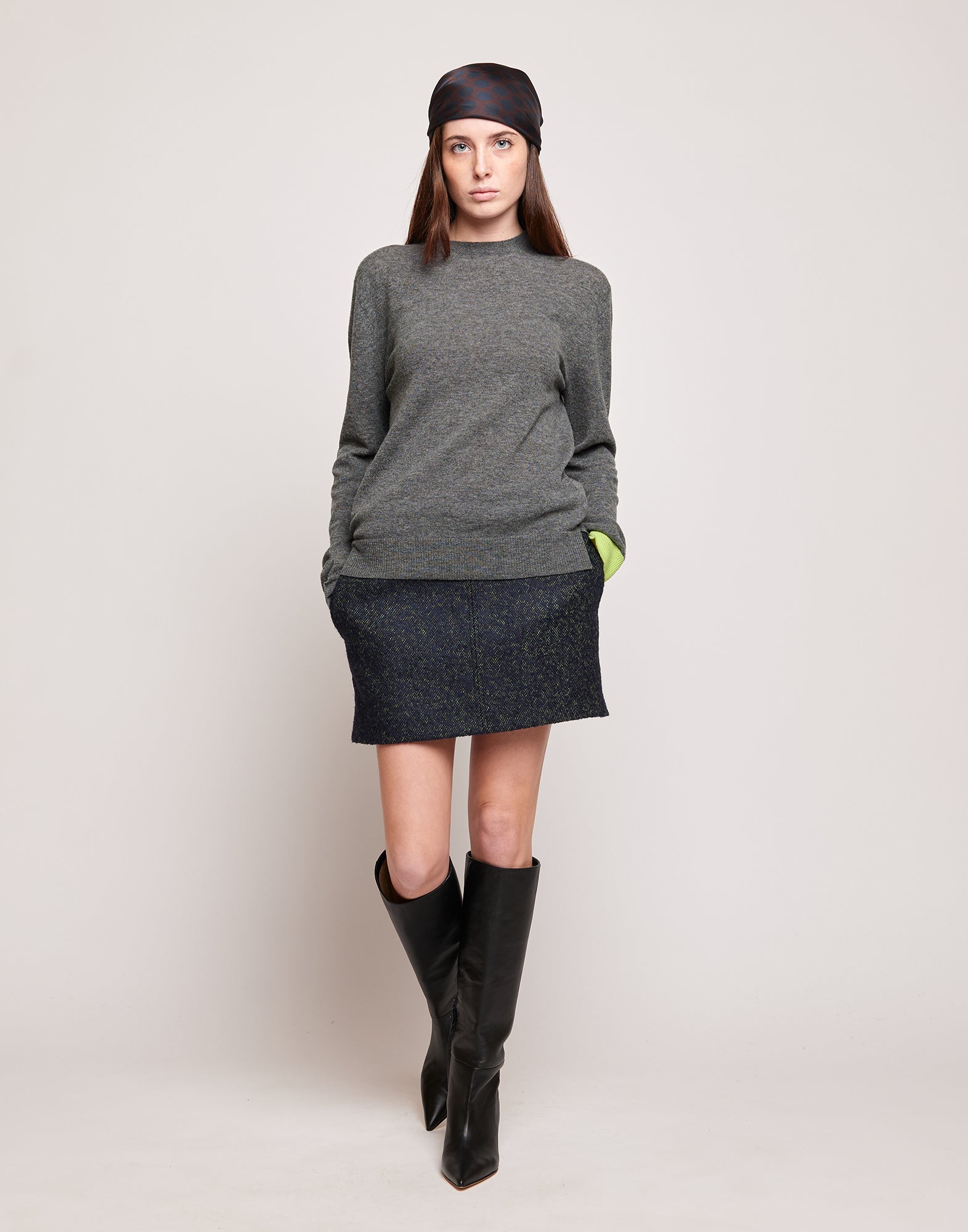Maglione in Lana Merino Supergeelong con Polsino a Contrasto Grigio/Lime