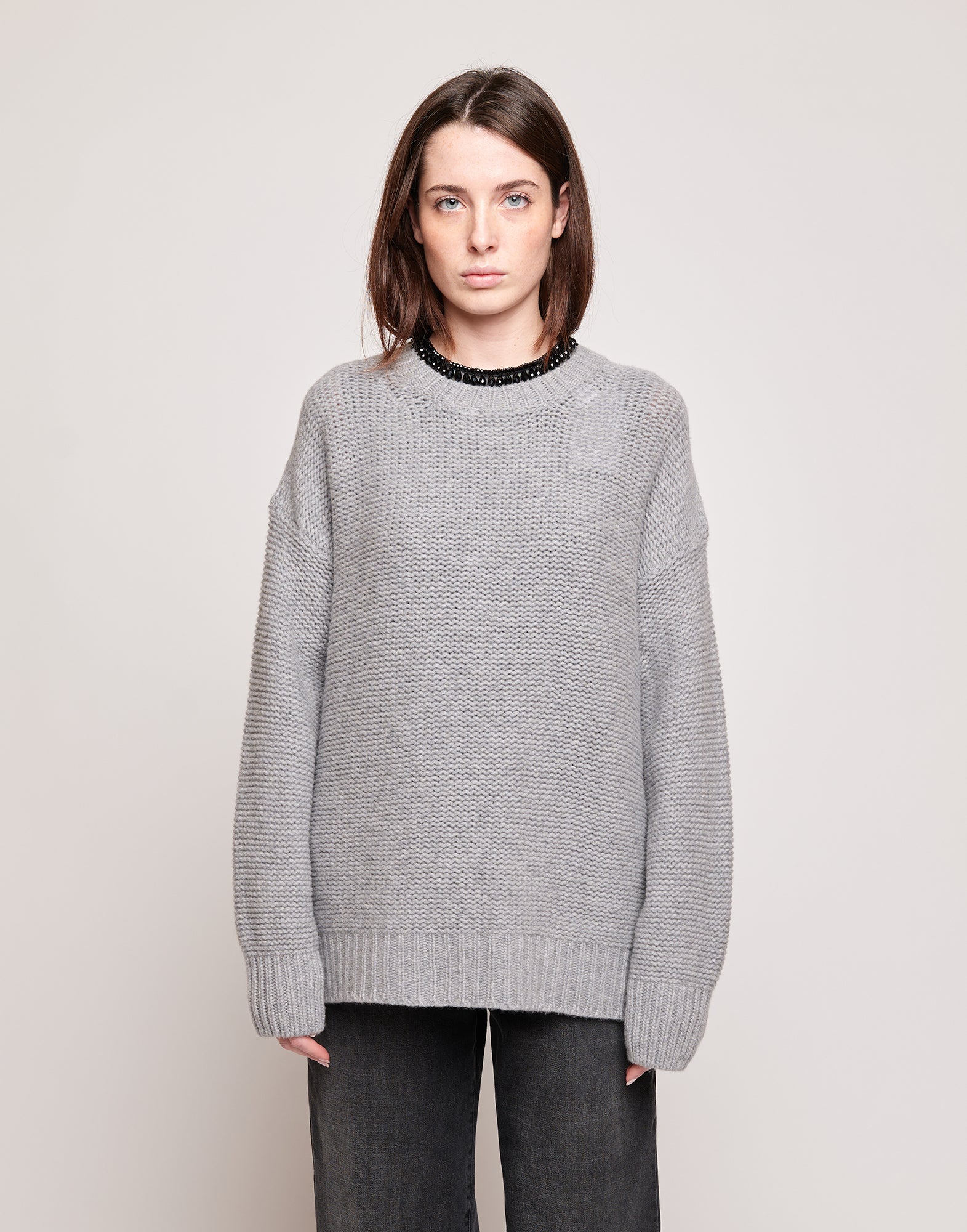 Maglione Girocollo in Lana e Cashmere Grigio Chiaro